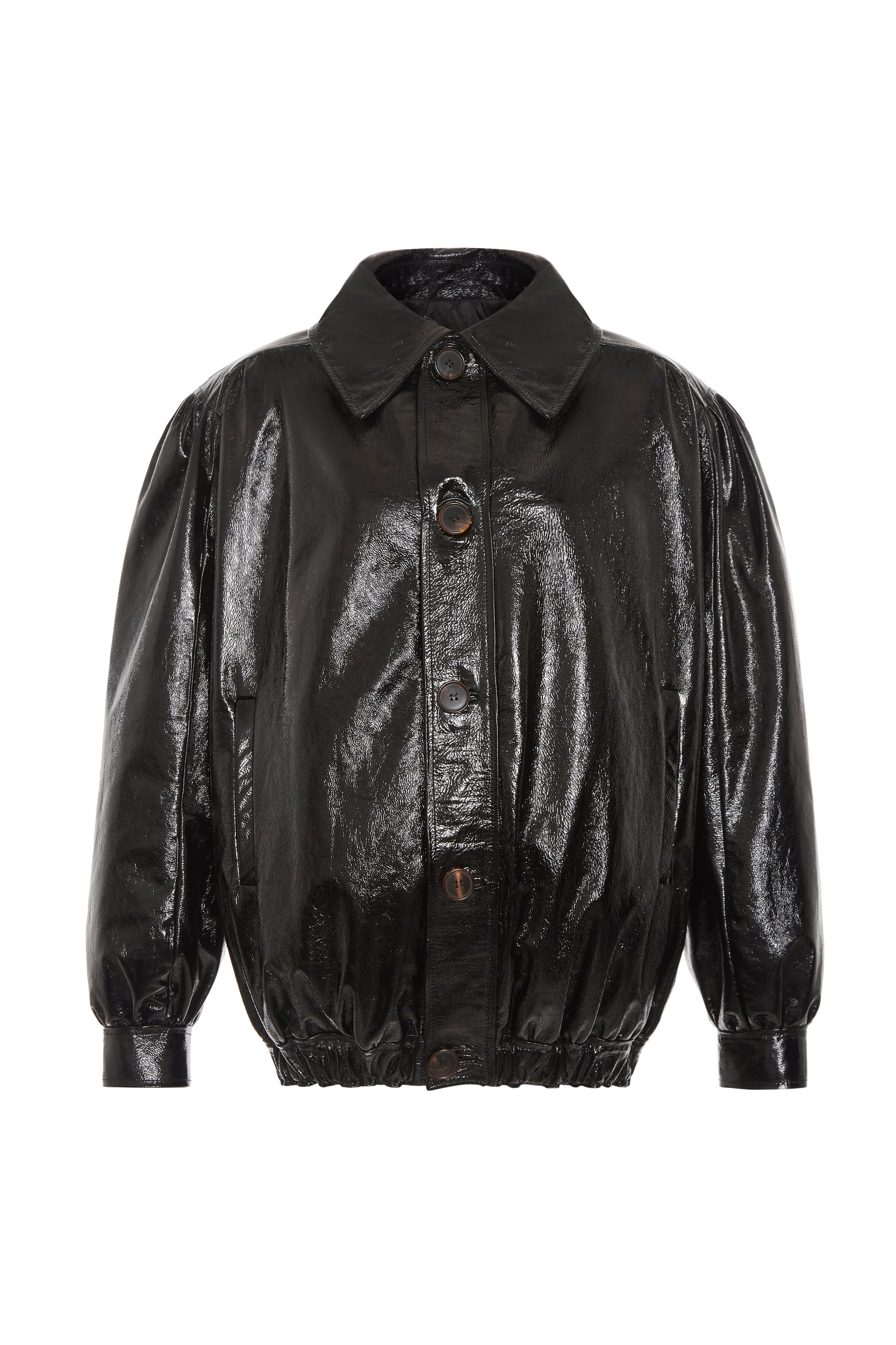 Black patent shop leather bomber jacket