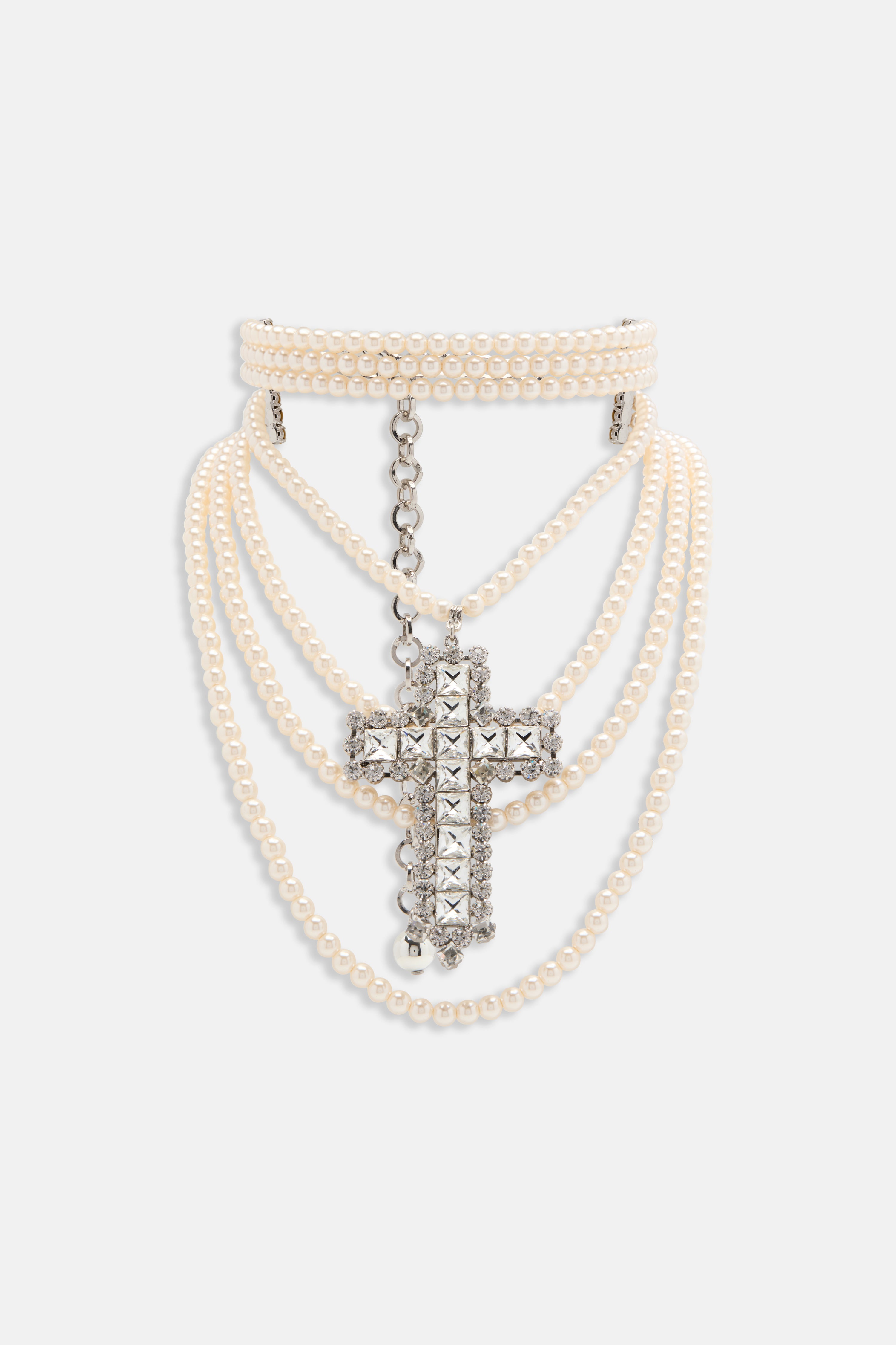 MULTI PEARL NECKLACE WITH CRYSTAL CROSS