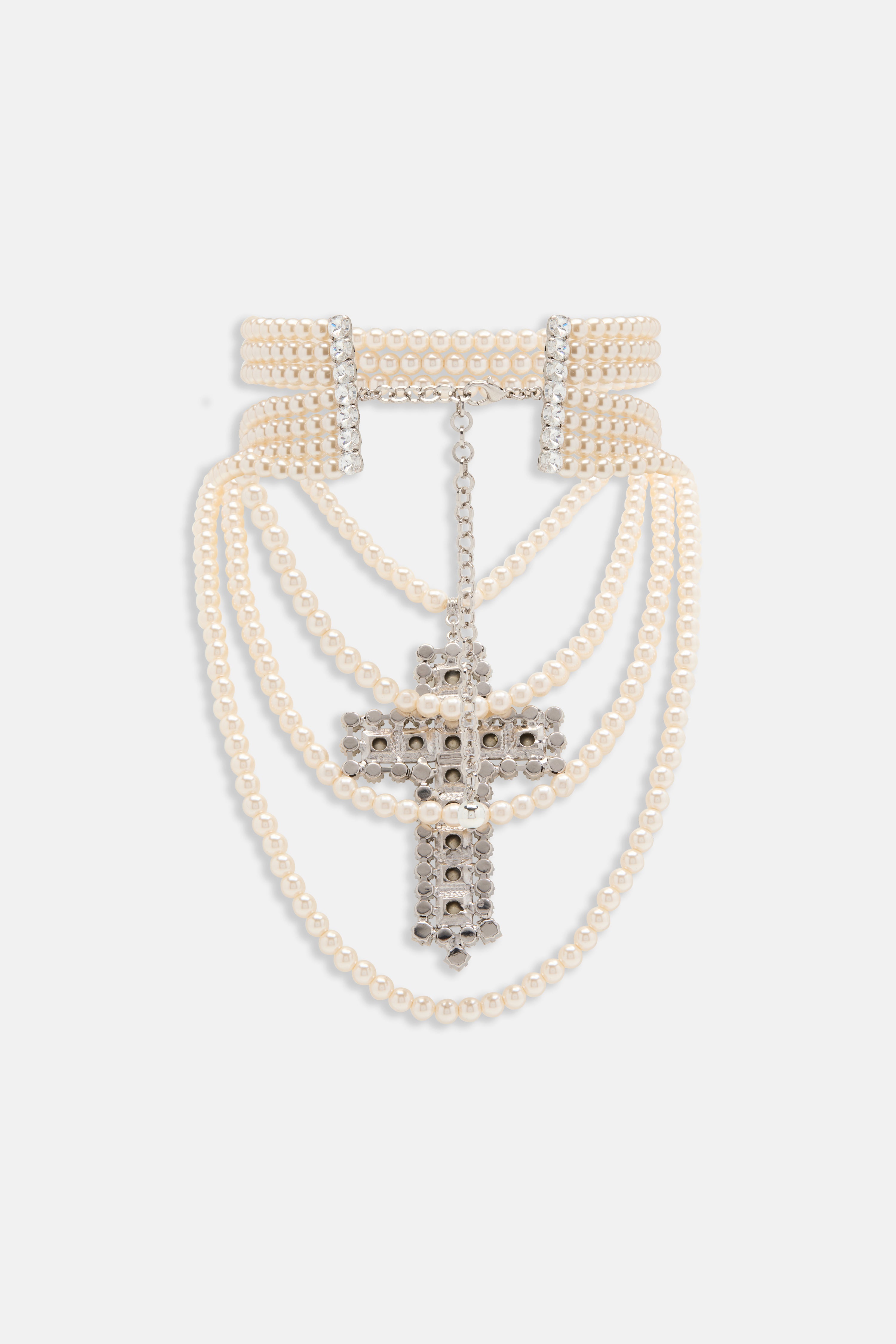 MULTI PEARL NECKLACE WITH CRYSTAL CROSS