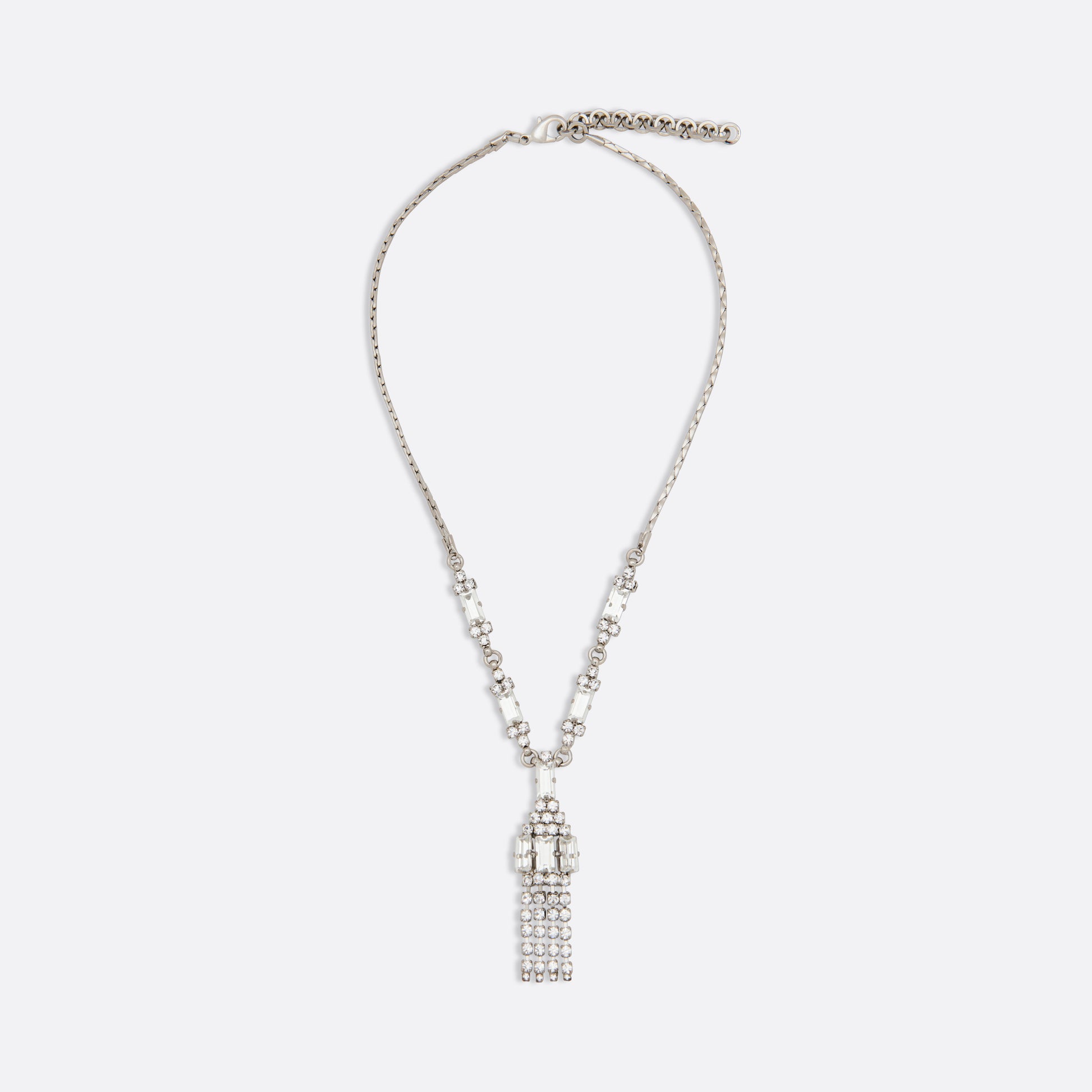 Crystal necklace with baguette-cut crystals embellishments, featuring crystal fringes, in silver-tone brass.