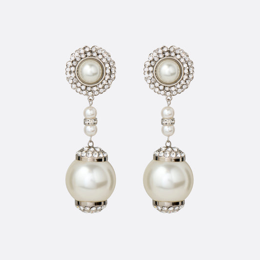 Silver-tone metal clip-on earrings with pearl and crystal details and a pendant drop.

Featured in the Fall Winter 2026 Lookbook.