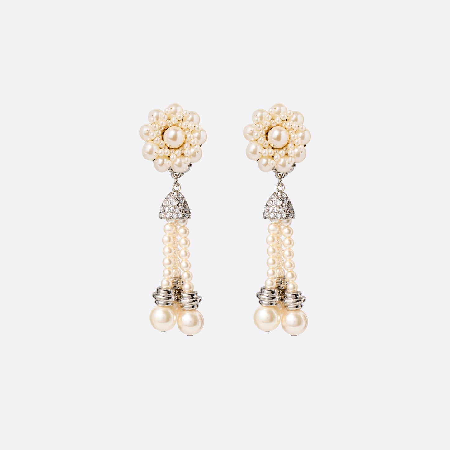 Silver-tone metal clip-on earrings with pearl details and fringe drops.

Featured in the Fall Winter 2026 Lookbook.
