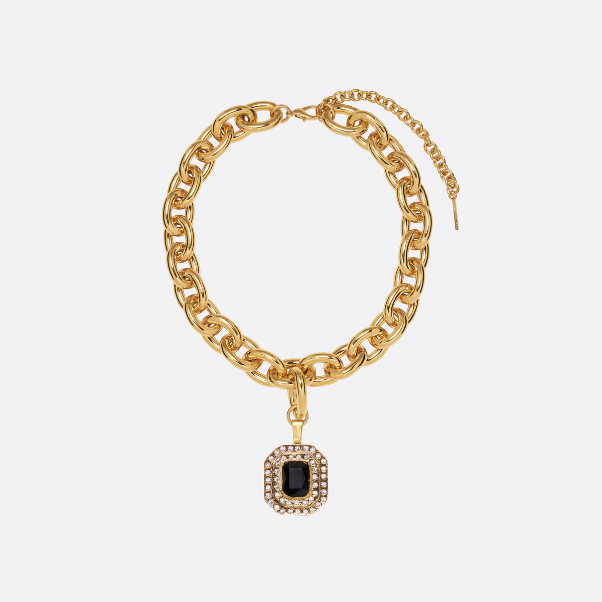 Gold-tone metal link chain necklace with a black and clear crystal-embellished pendant. Finished with an adjustable chain fastening.

Featured in the Fall Winter 2026 Lookbook.