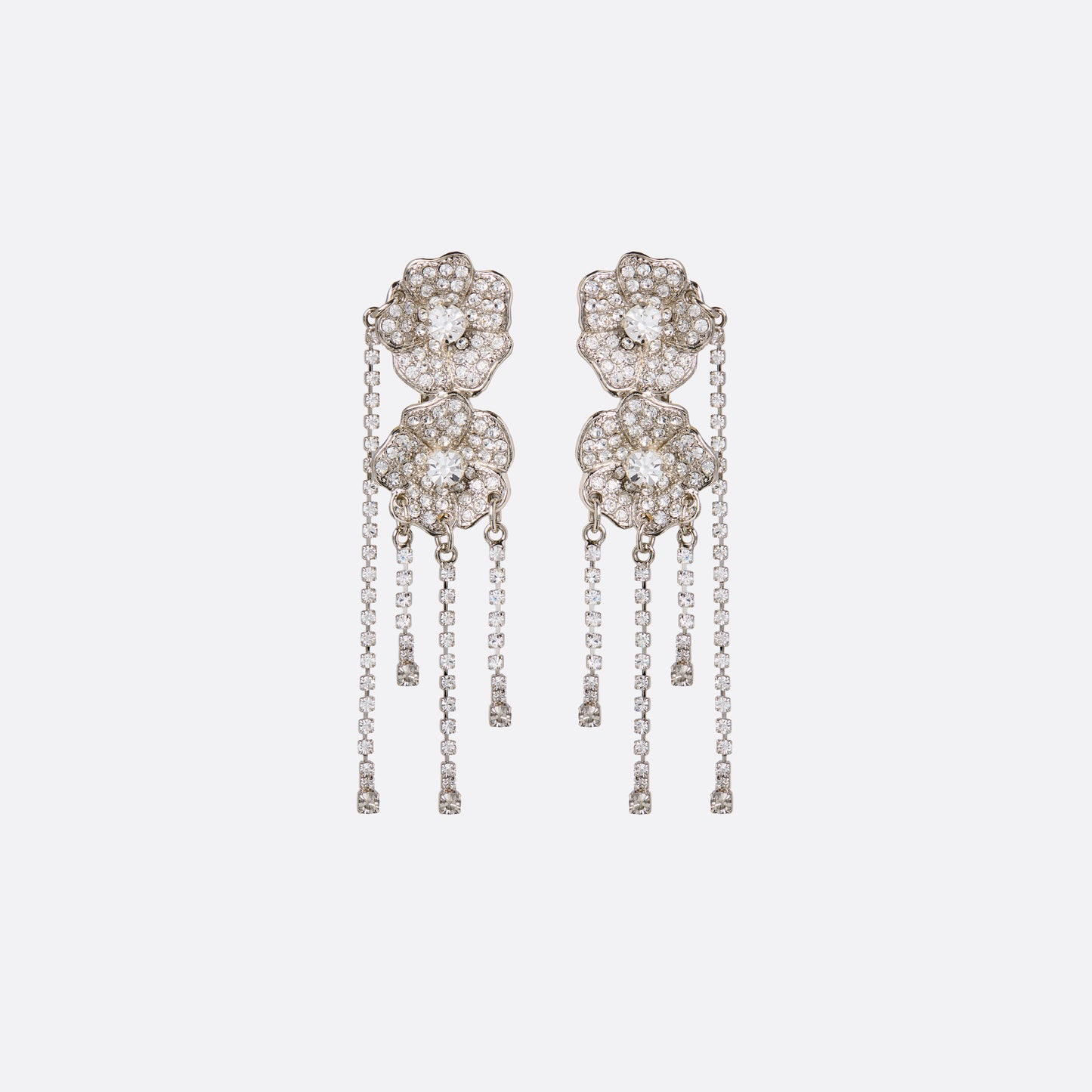 Silver-tone metal clip-on earrings with crystal flowers and fringe drops.