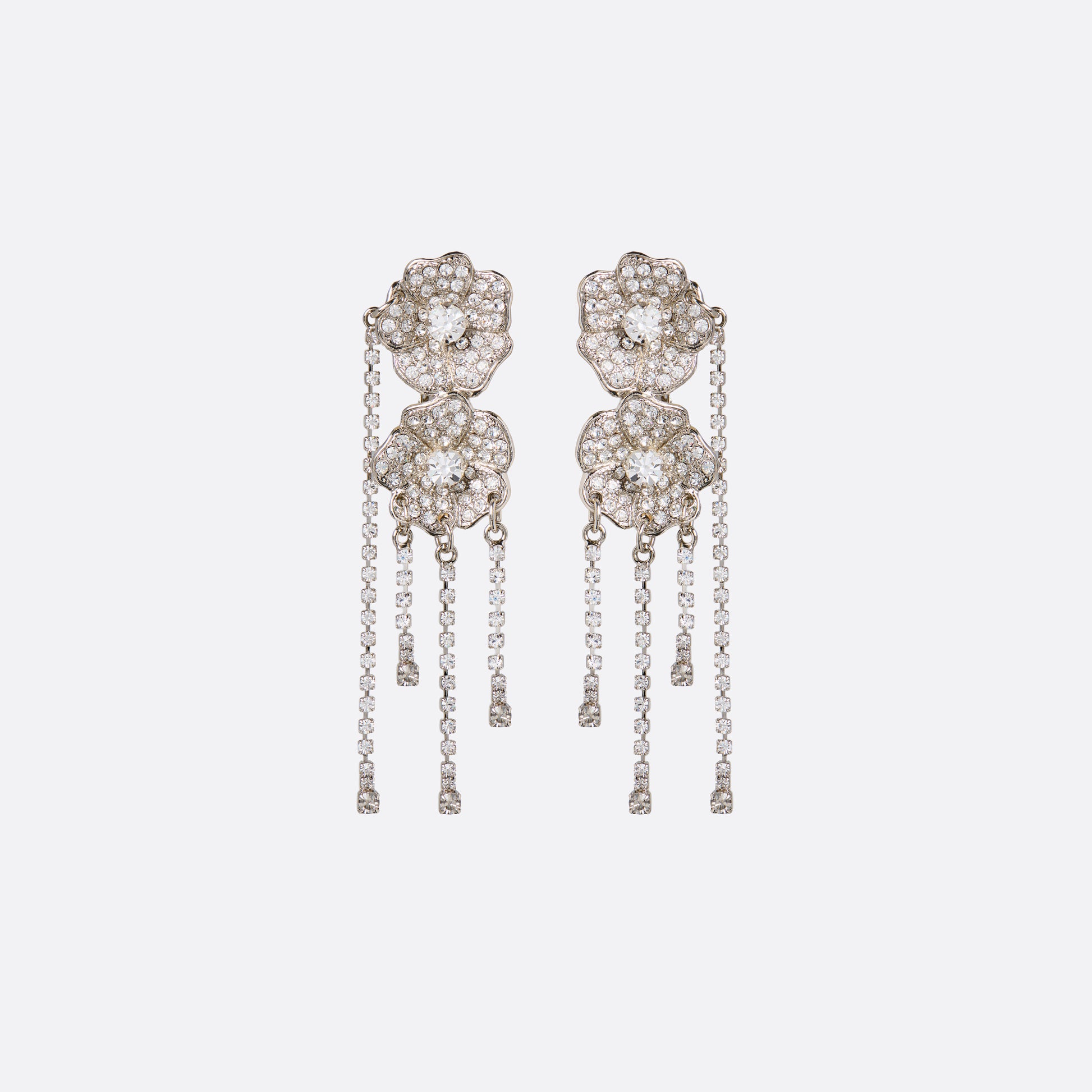 Silver-tone metal clip-on earrings with crystal flowers and fringe drops.
