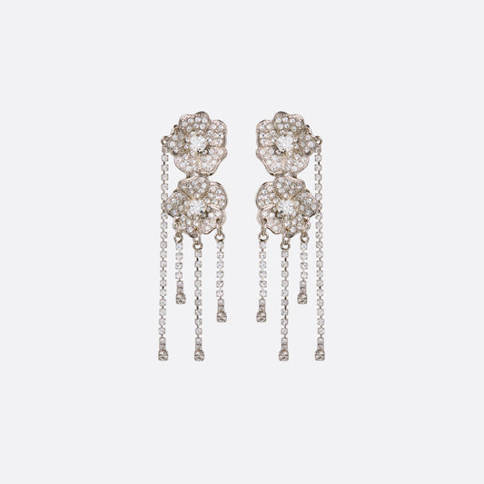 Silver-tone metal clip-on earrings with crystal flowers and fringe drops.