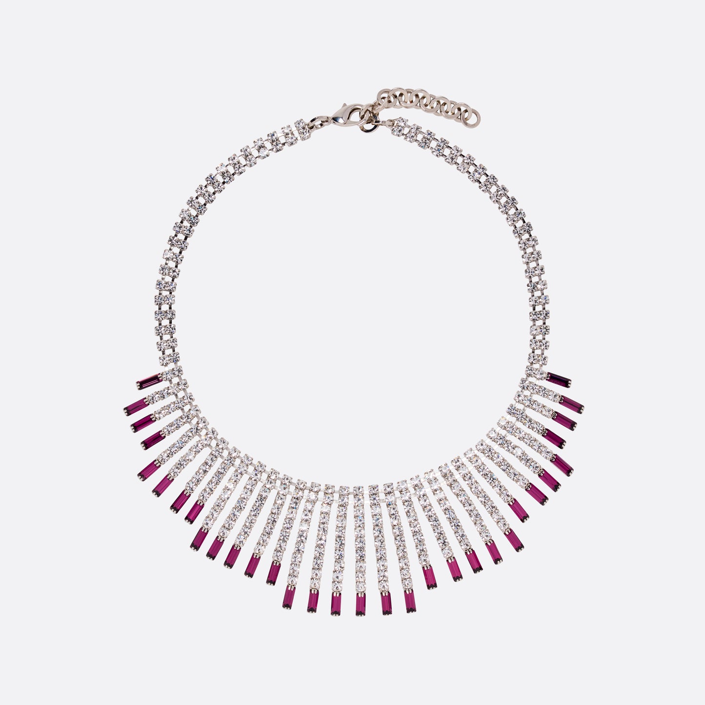Crystal necklace finished with cascading voilet crystal drops and an adjustable chain fastening.