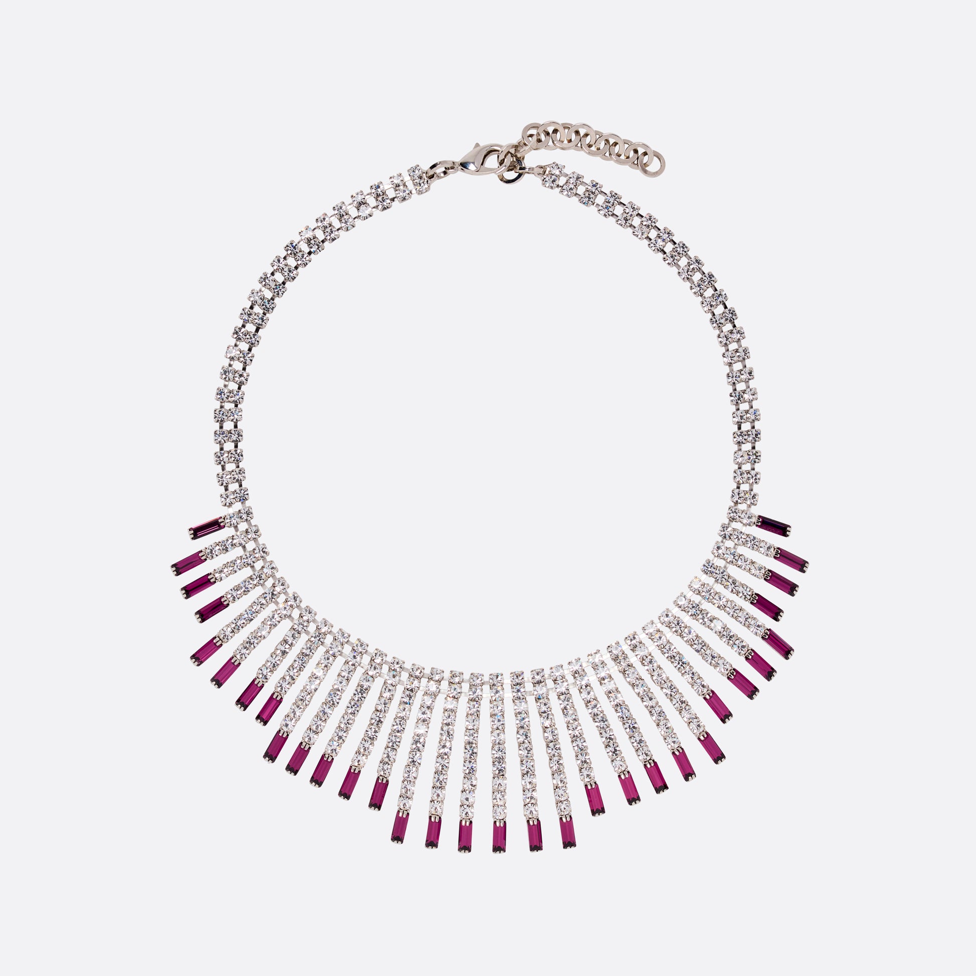 Crystal necklace finished with cascading voilet crystal drops and an adjustable chain fastening.