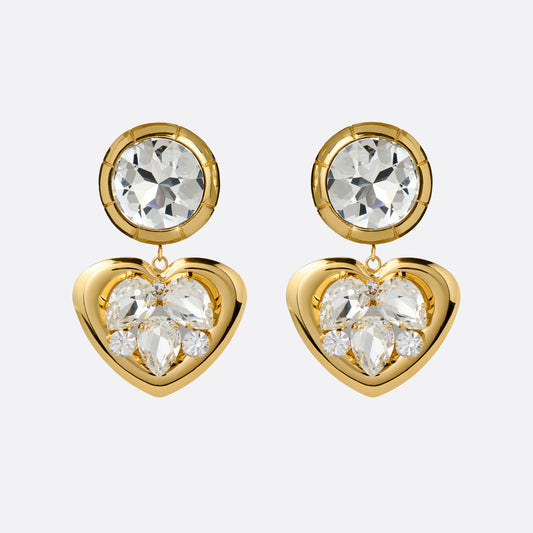 Gold-tone metal clip-on earrings with crystal details and a heart-shaped pendant.

Featured in the Fall Winter 2026 Lookbook.