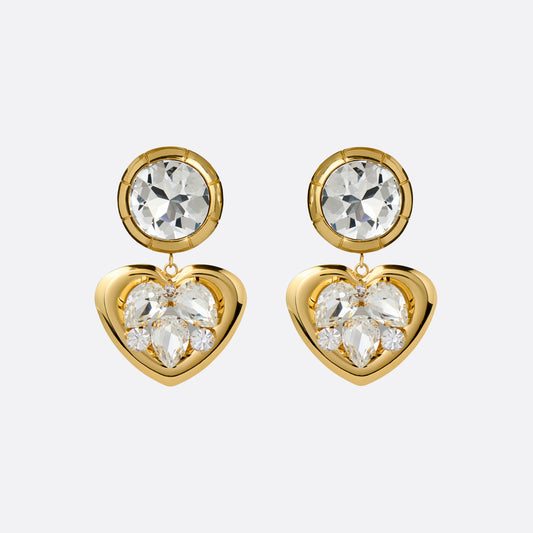 Gold-tone metal clip-on earrings with crystal details and a heart-shaped pendant.

Featured in the Fall Winter 2026 Lookbook.