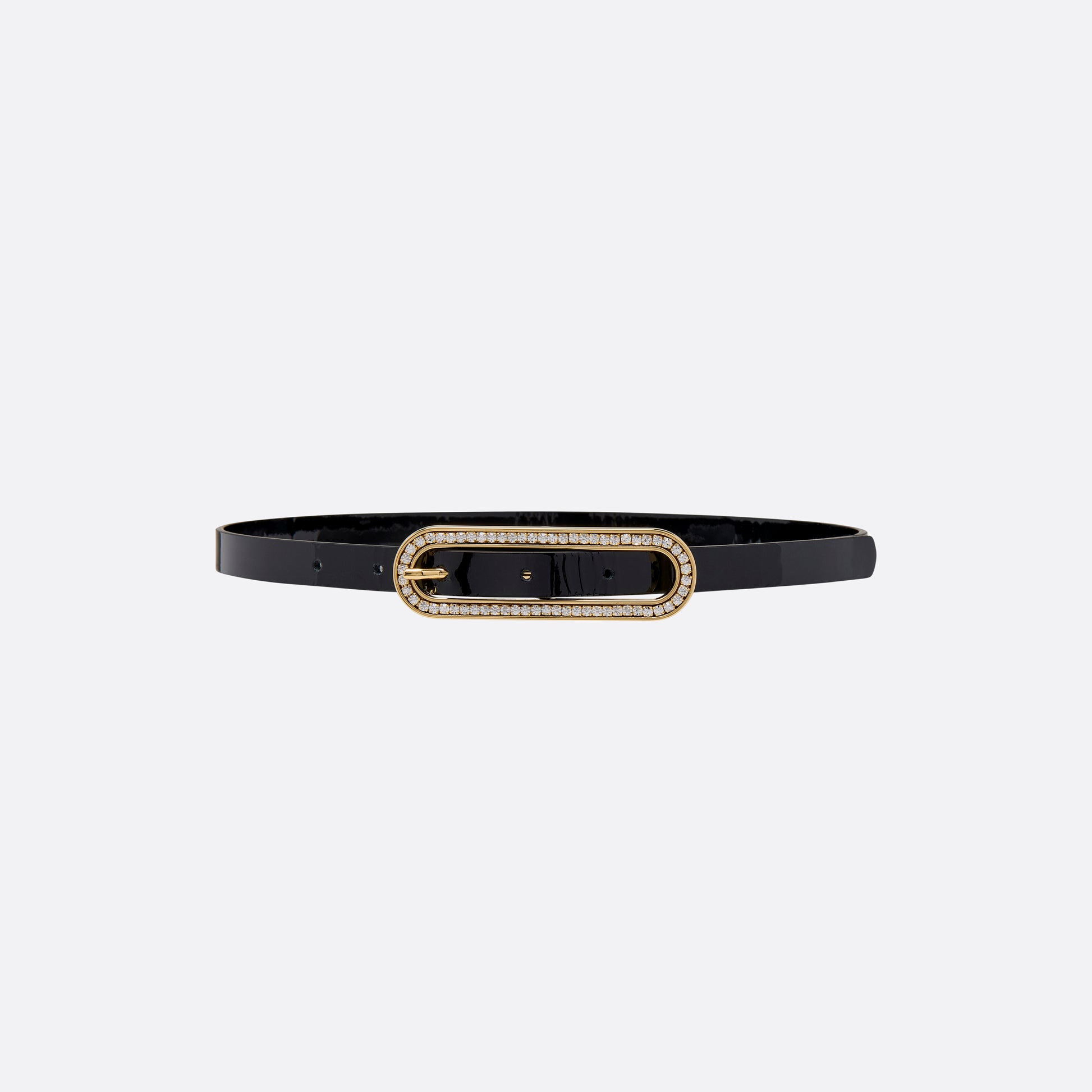 Black slim patent leather belt with oval crystal-embellished buckle.