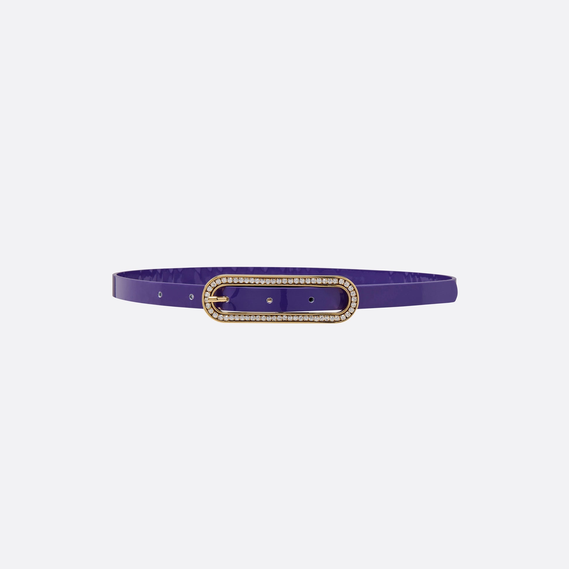 Purple slim patent leather belt with oval crystal-embellished buckle.
