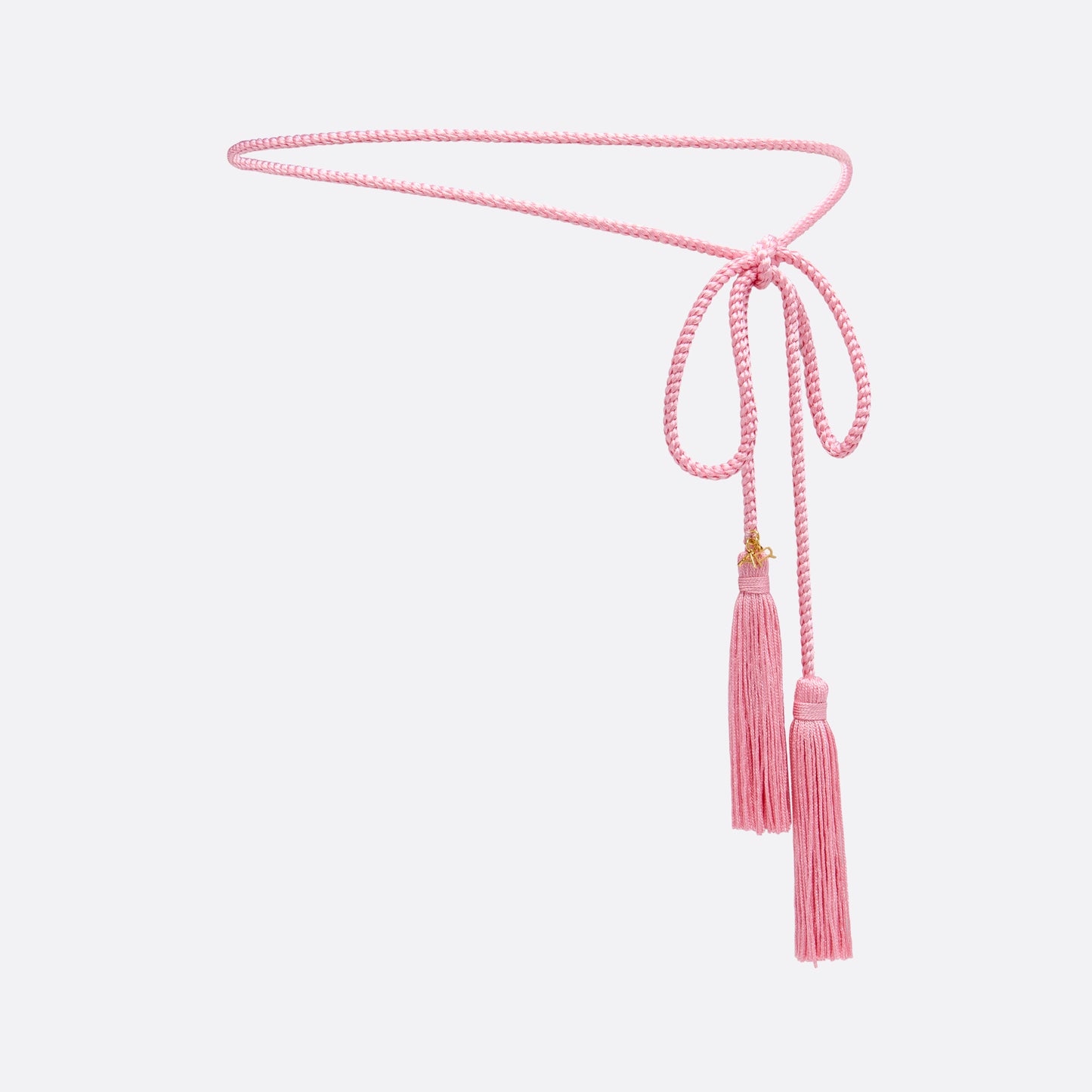 Pink braided torchon belt with tassels and gold-tone "AR" logo charm.