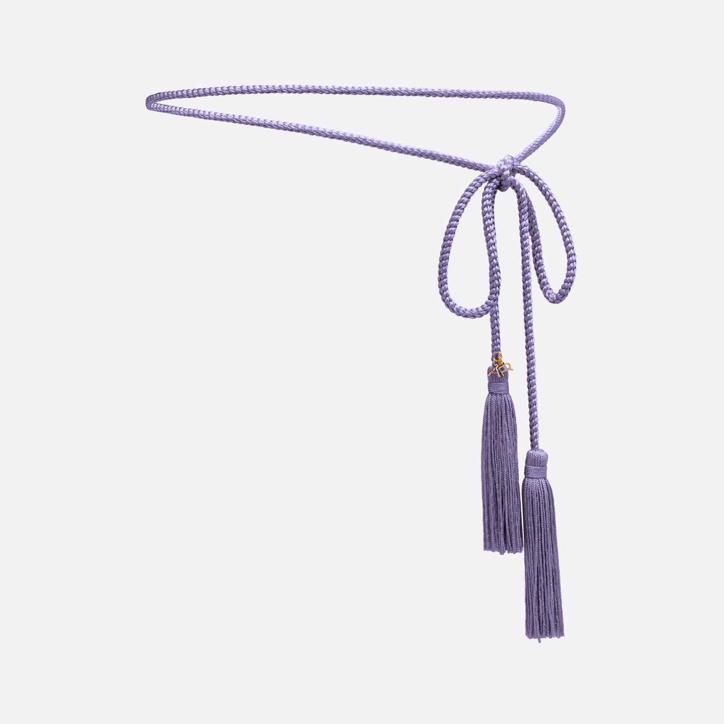 Lilac braided torchon belt with tassels and gold-tone "AR" logo charm.