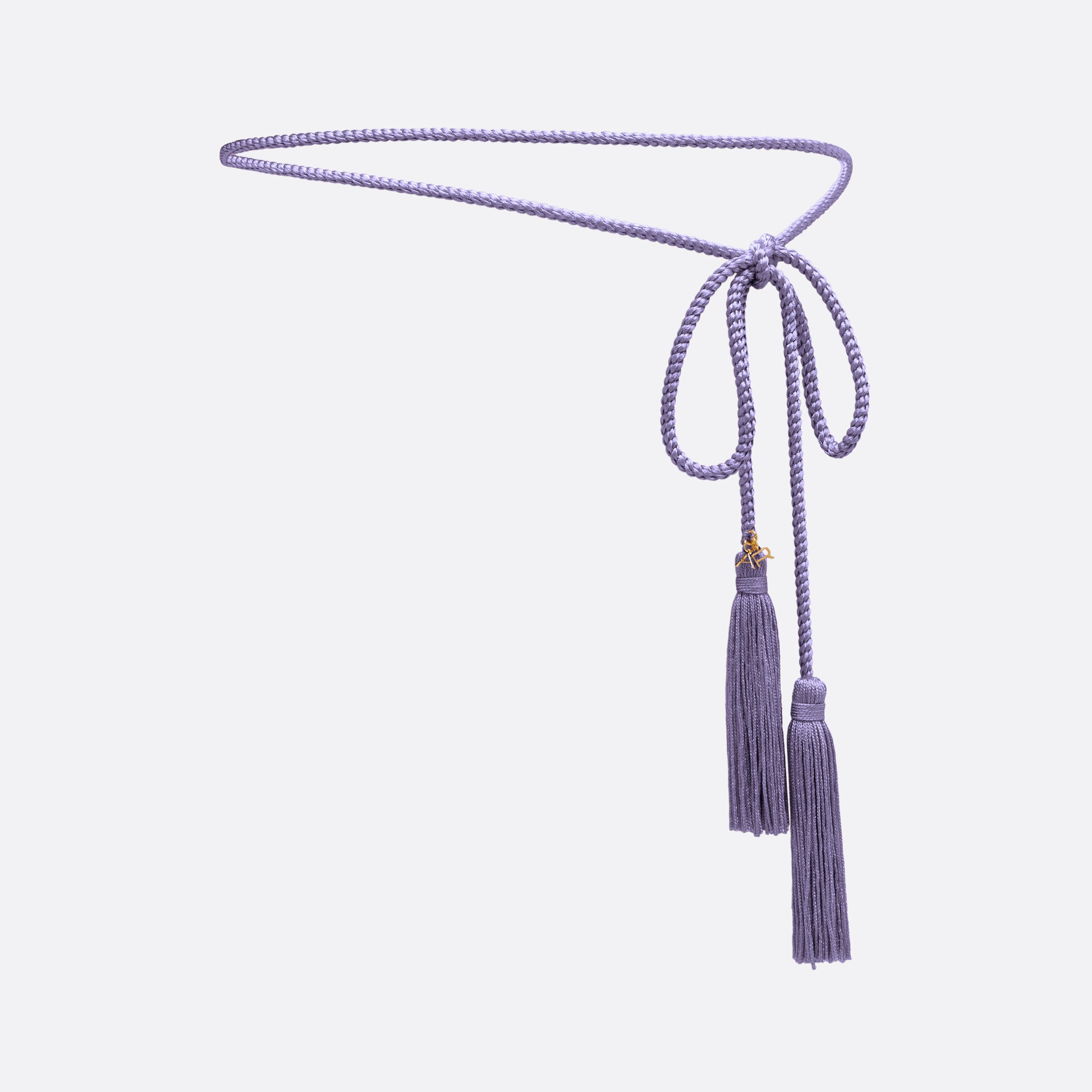 Lilac braided torchon belt with tassels and gold-tone "AR" logo charm.