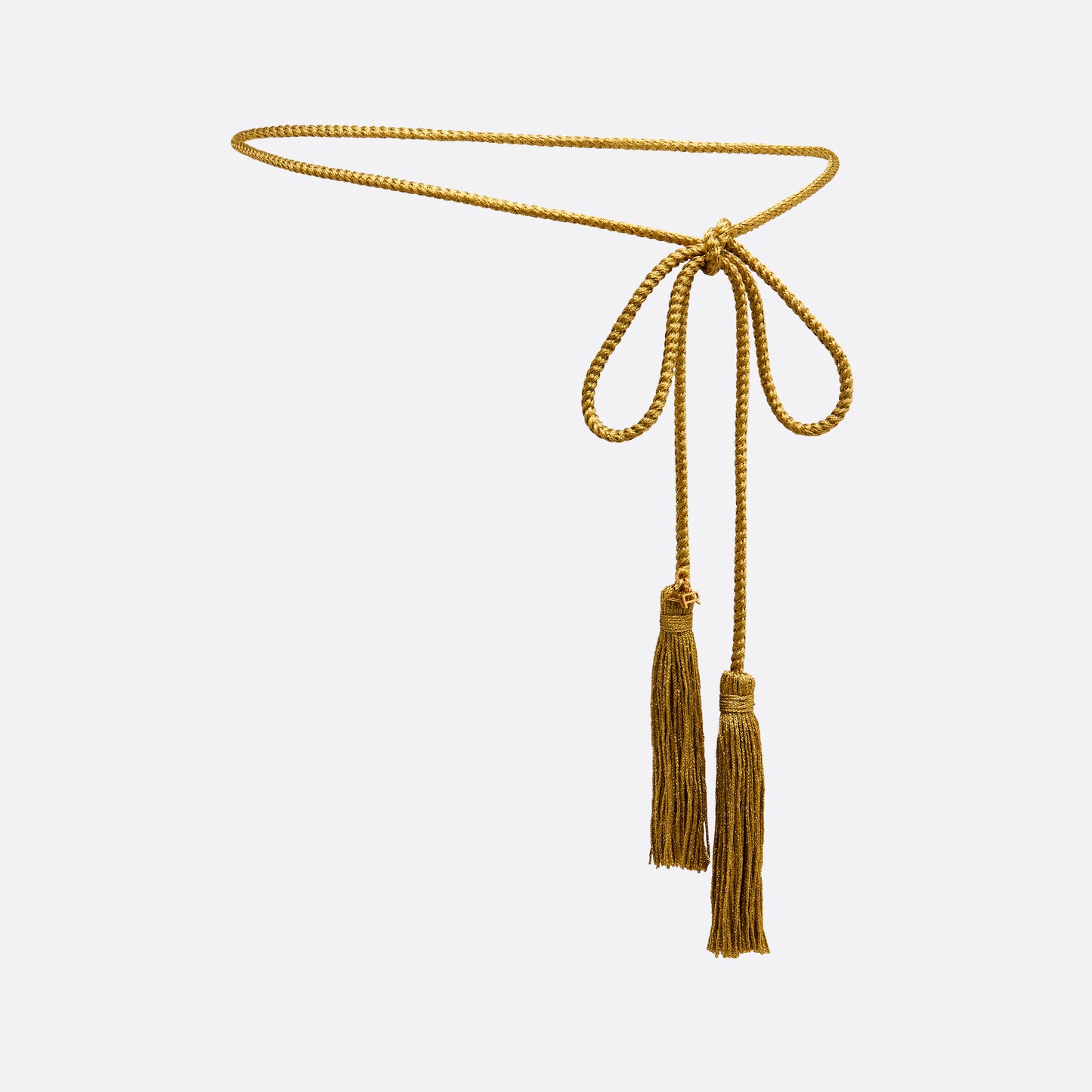 Gold braided torchon belt with tassels and gold-tone "AR" logo charm.