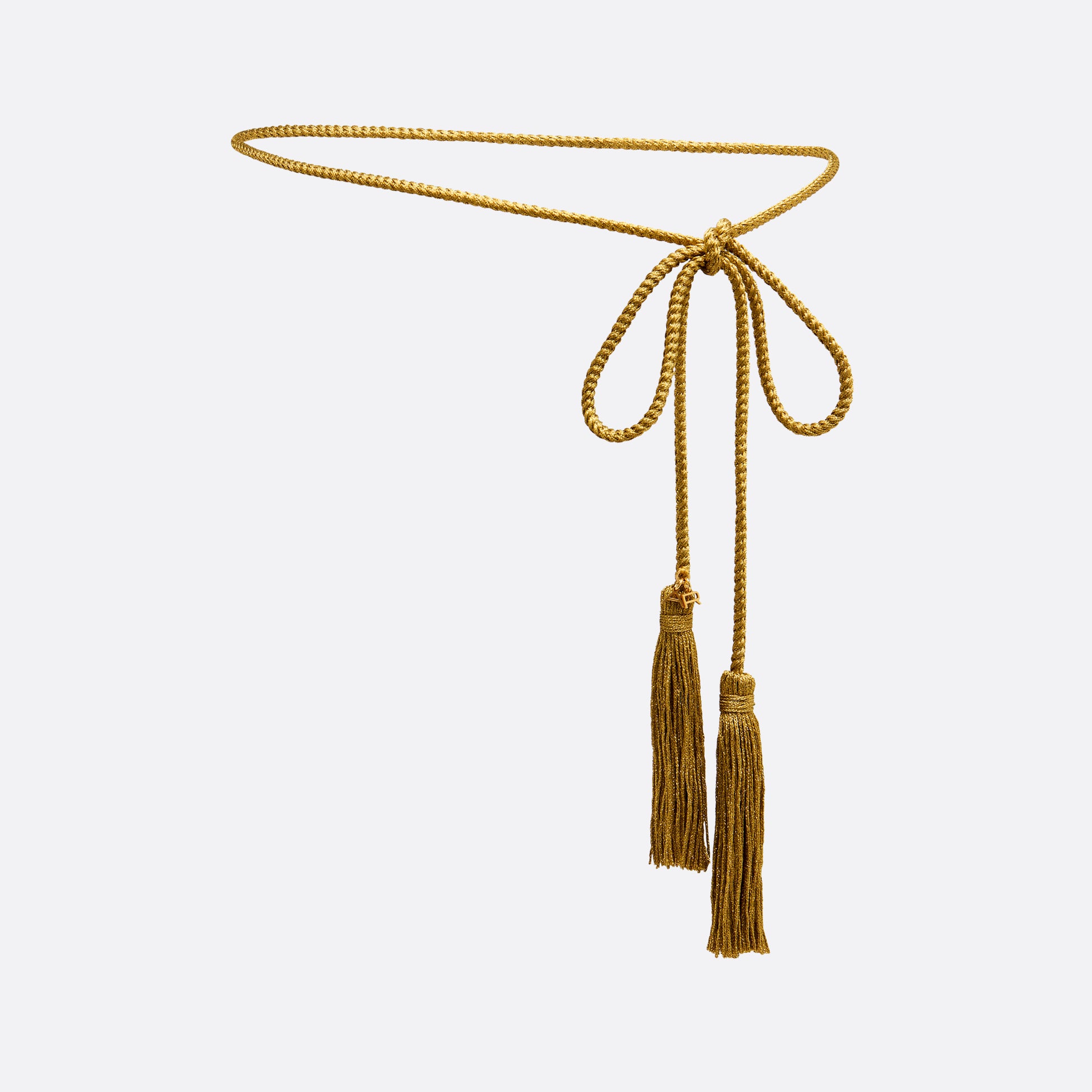 Gold braided torchon belt with tassels and gold-tone "AR" logo charm.