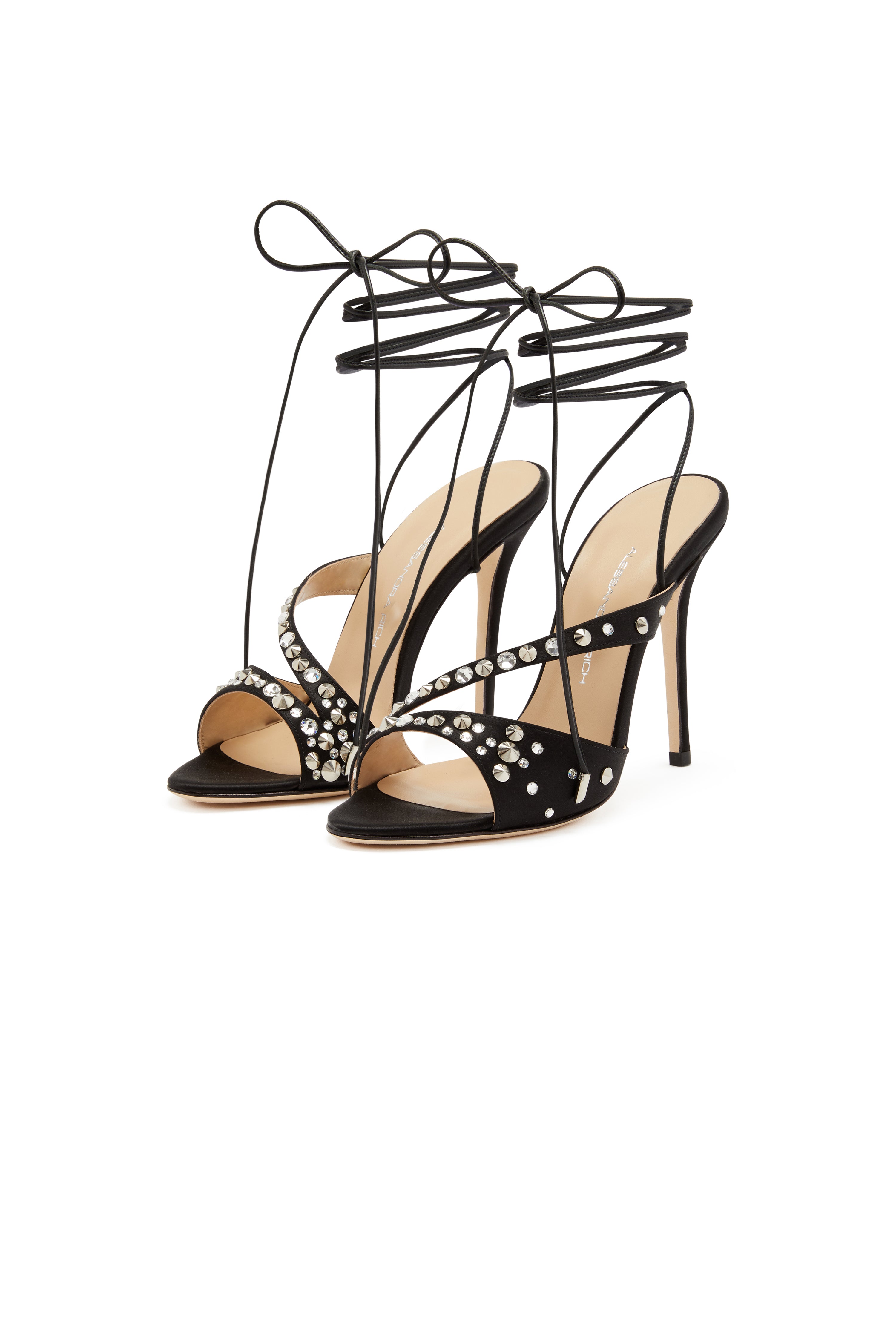 SILK SATIN SANDALS WITH LACES AND CRYSTALS - 10CM