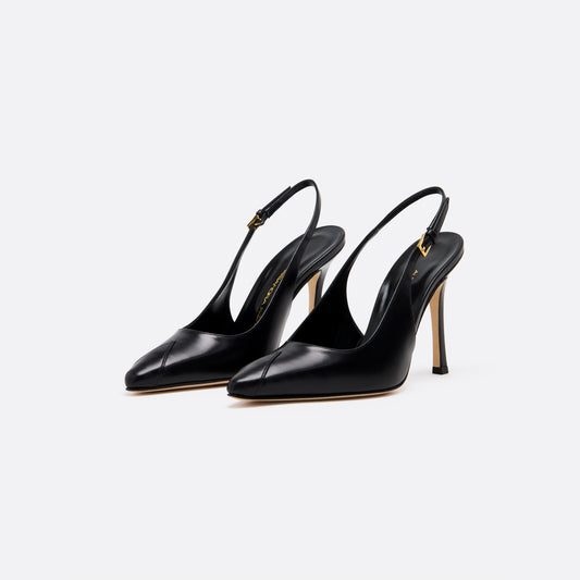 Black leather slingback pumps with a pointed toe detail and a 10.5 cm stiletto heel. Finished with an adjustable strap and a gold-tone buckle.