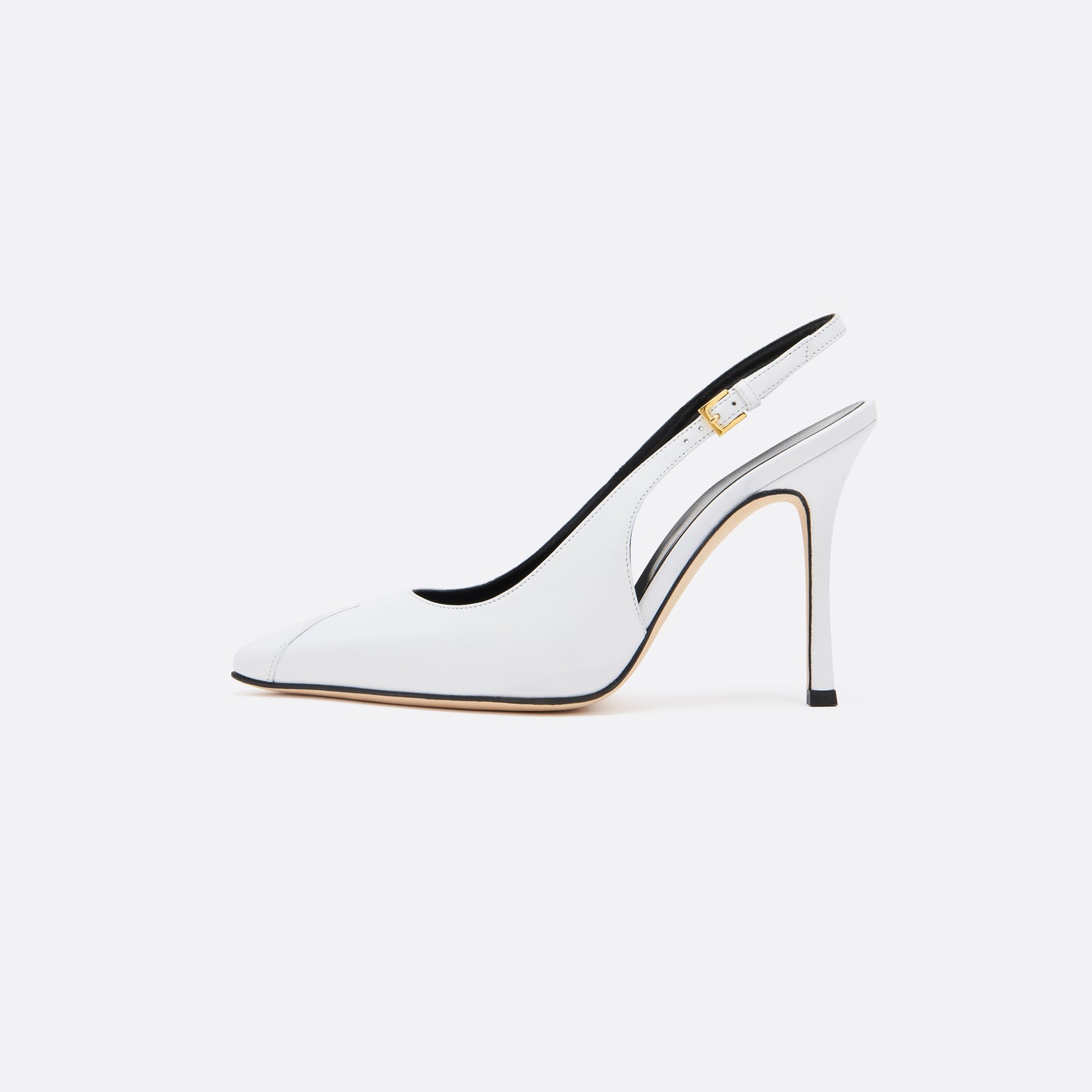 White leather slingback pumps with a pointed toe detail and a 10.5 cm stiletto heel. Finished with an adjustable strap and a gold-tone buckle.