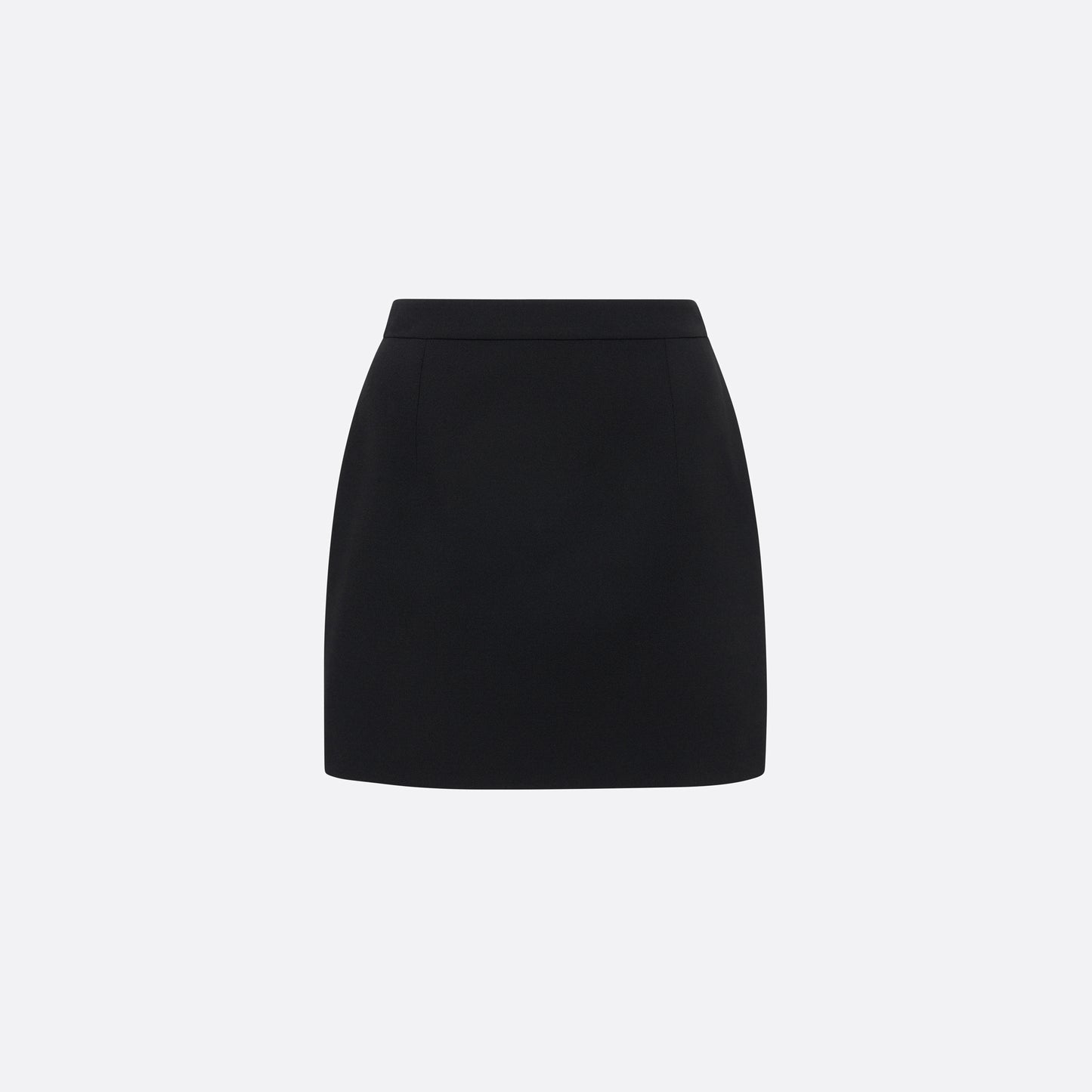 Black wool crêpe mini skirt with a high waist and a fitted silhouette.