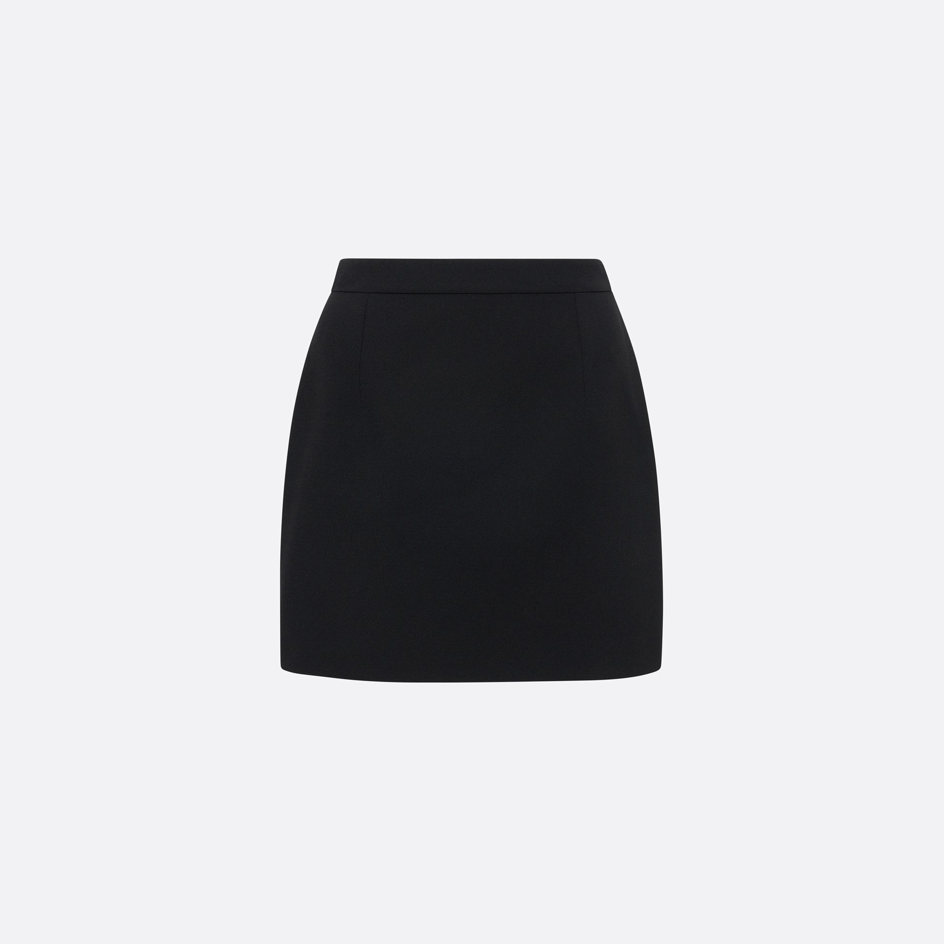 Black wool crêpe mini skirt with a high waist and a fitted silhouette.