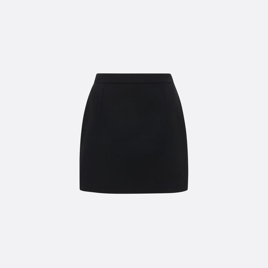 Black wool crêpe mini skirt with a high waist and a fitted silhouette.