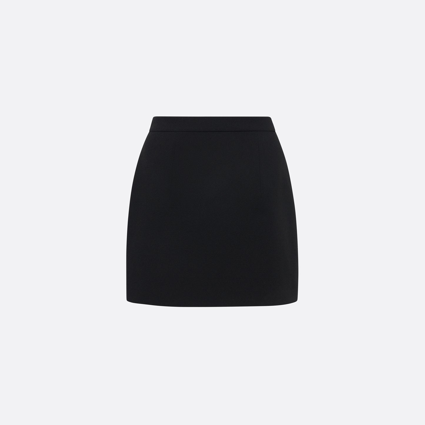 Black wool crêpe mini skirt with a high waist and a fitted silhouette.