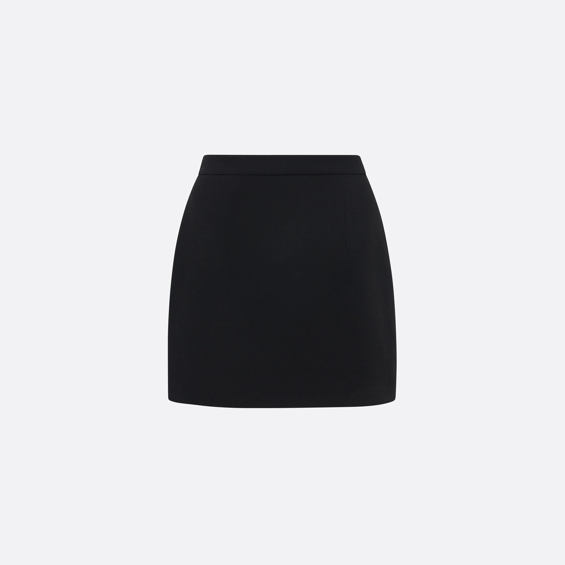 Black wool crêpe mini skirt with a high waist and a fitted silhouette.