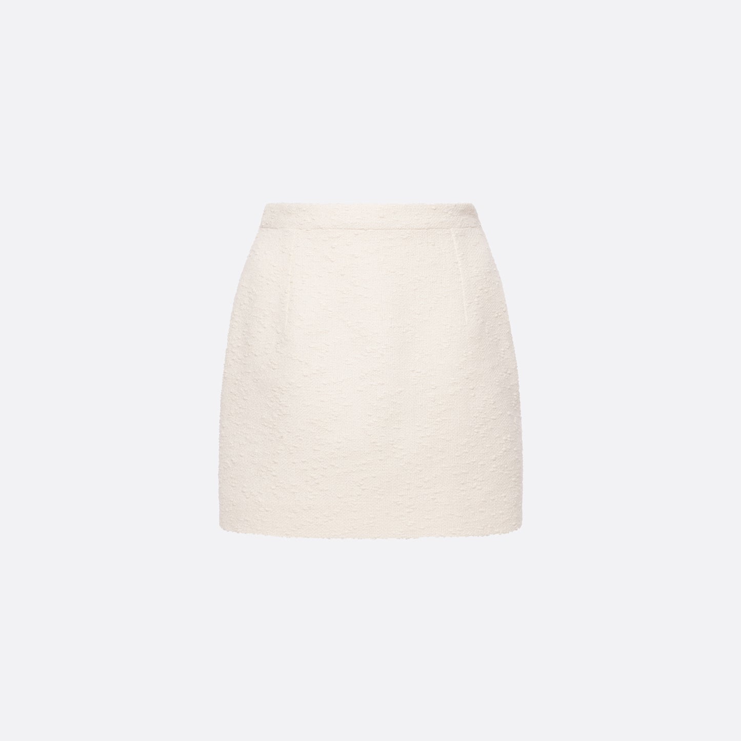 Ivory tweed bouclé mini skirt with a high waist and a fitted silhouette.