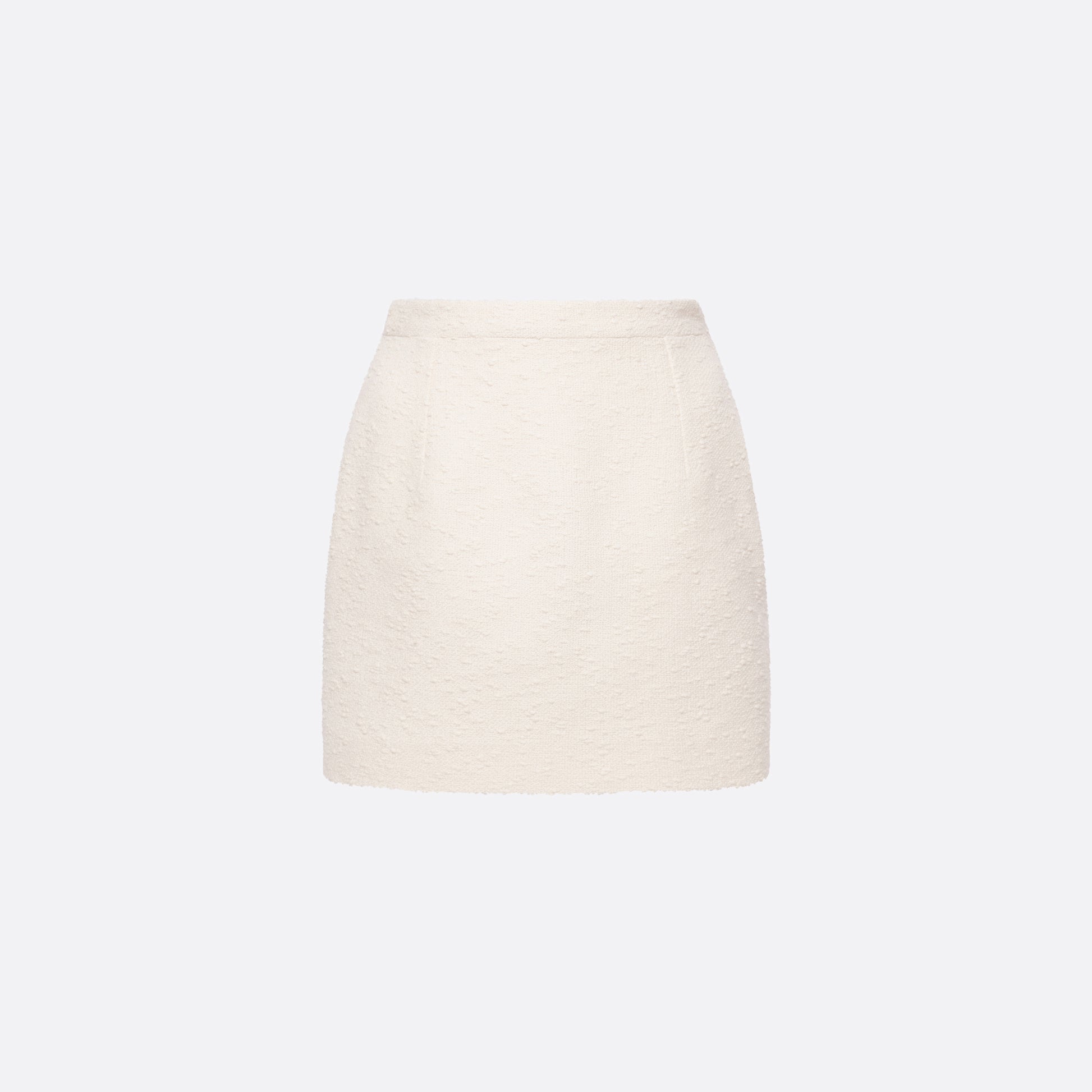 Ivory tweed bouclé mini skirt with a high waist and a fitted silhouette.
