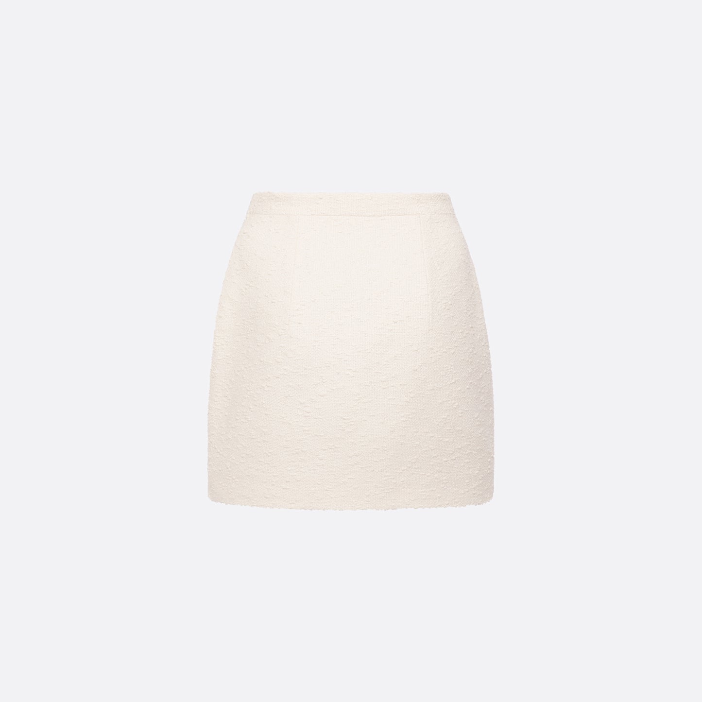 Ivory tweed bouclé mini skirt with a high waist and a fitted silhouette.