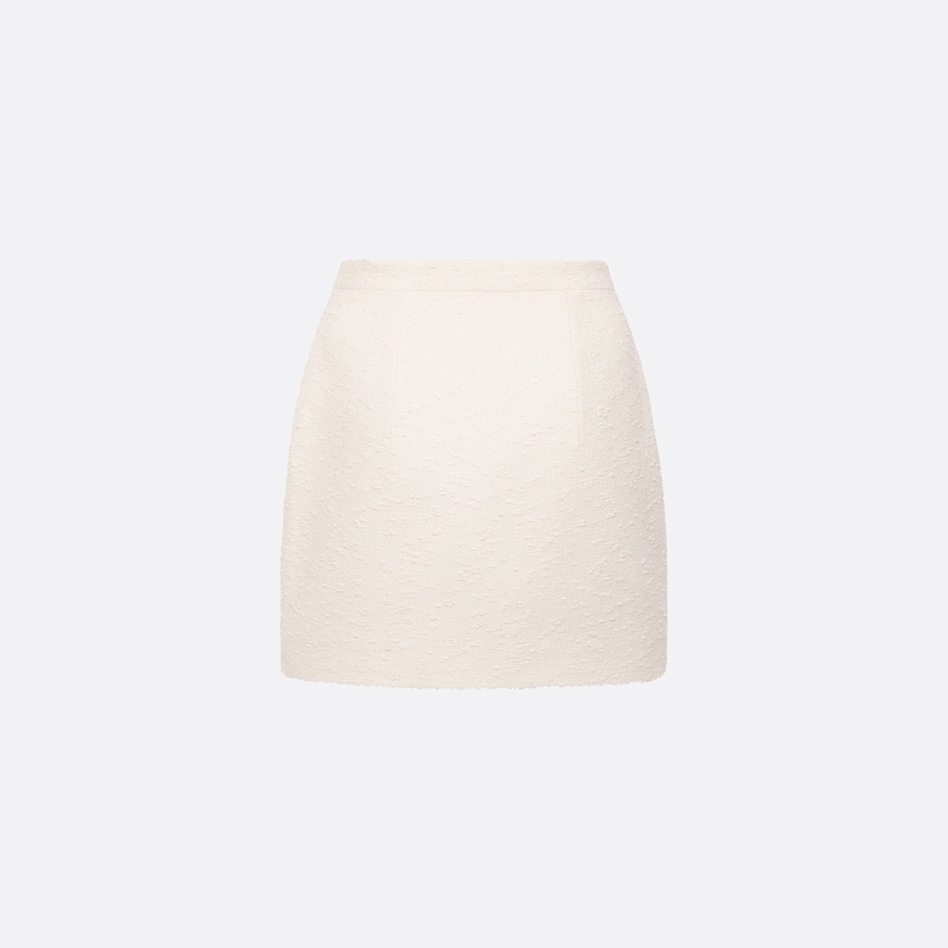 Ivory tweed bouclé mini skirt with a high waist and a fitted silhouette.