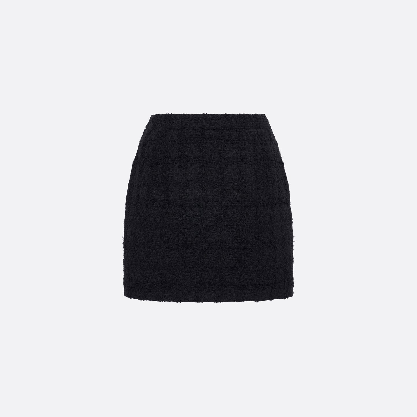 Black check tweed bouclé mini skirt with a high waist and a fitted silhouette.