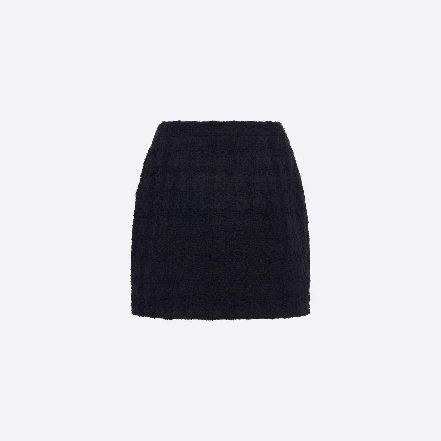 Black check tweed bouclé mini skirt with a high waist and a fitted silhouette.
