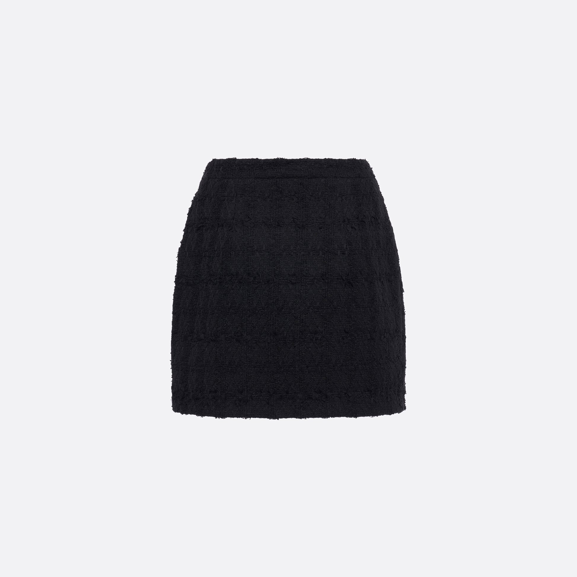 Black check tweed bouclé mini skirt with a high waist and a fitted silhouette.