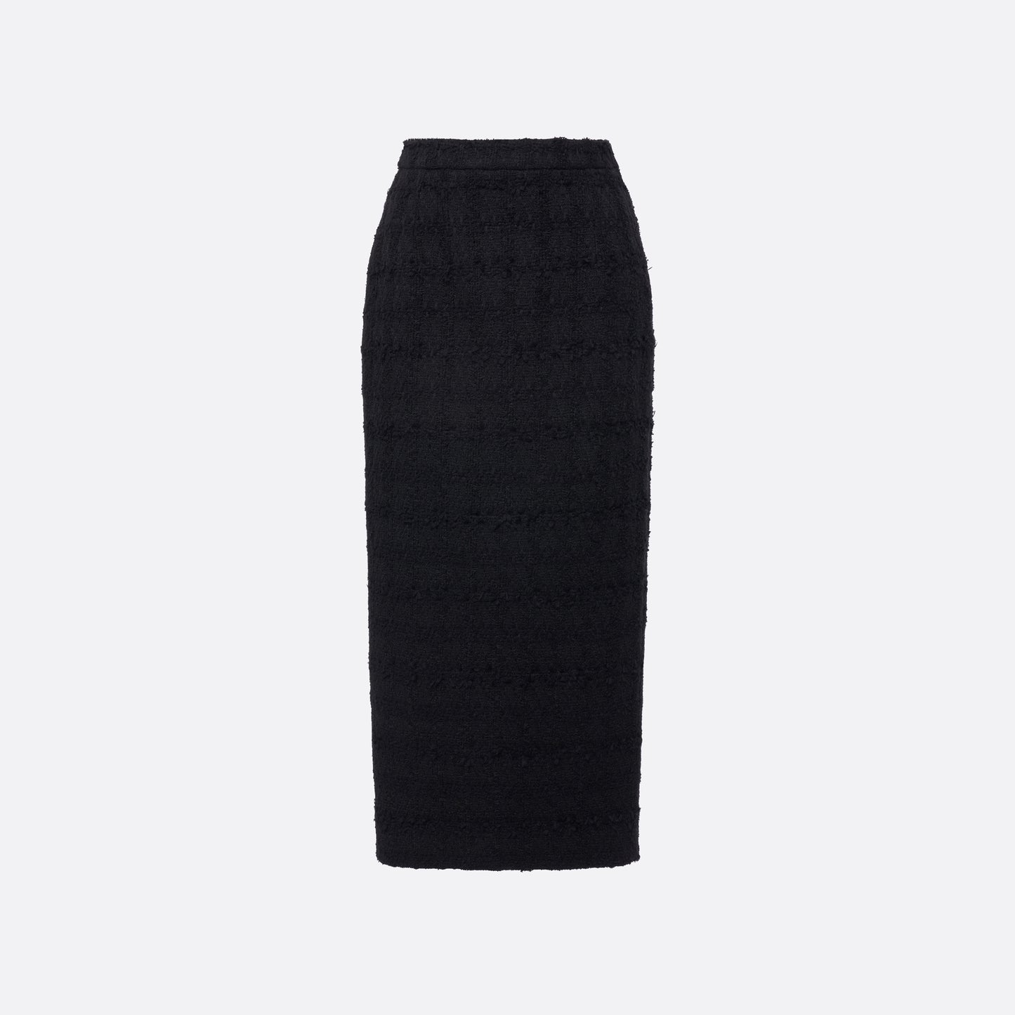 Black check tweed bouclé pencil skirt with a back split.
