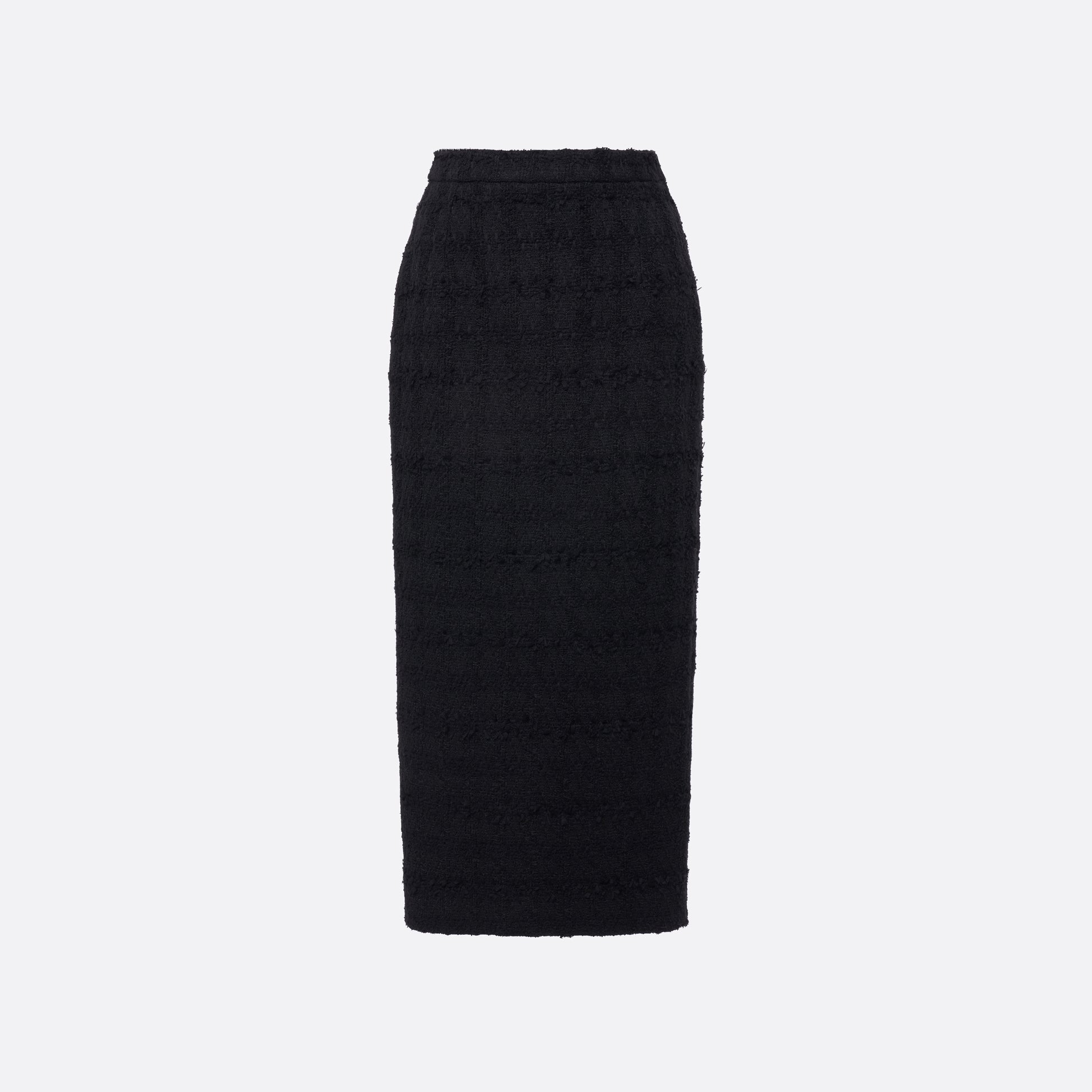 Black check tweed bouclé pencil skirt with a back split.