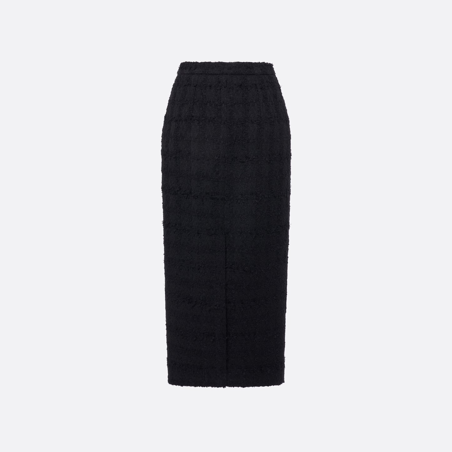 Black check tweed bouclé pencil skirt with a back split.