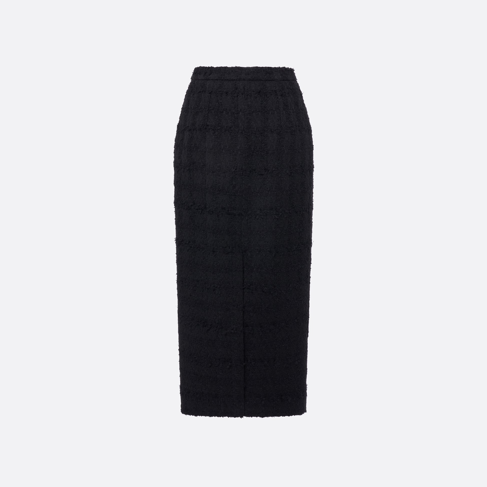 Black check tweed bouclé pencil skirt with a back split.