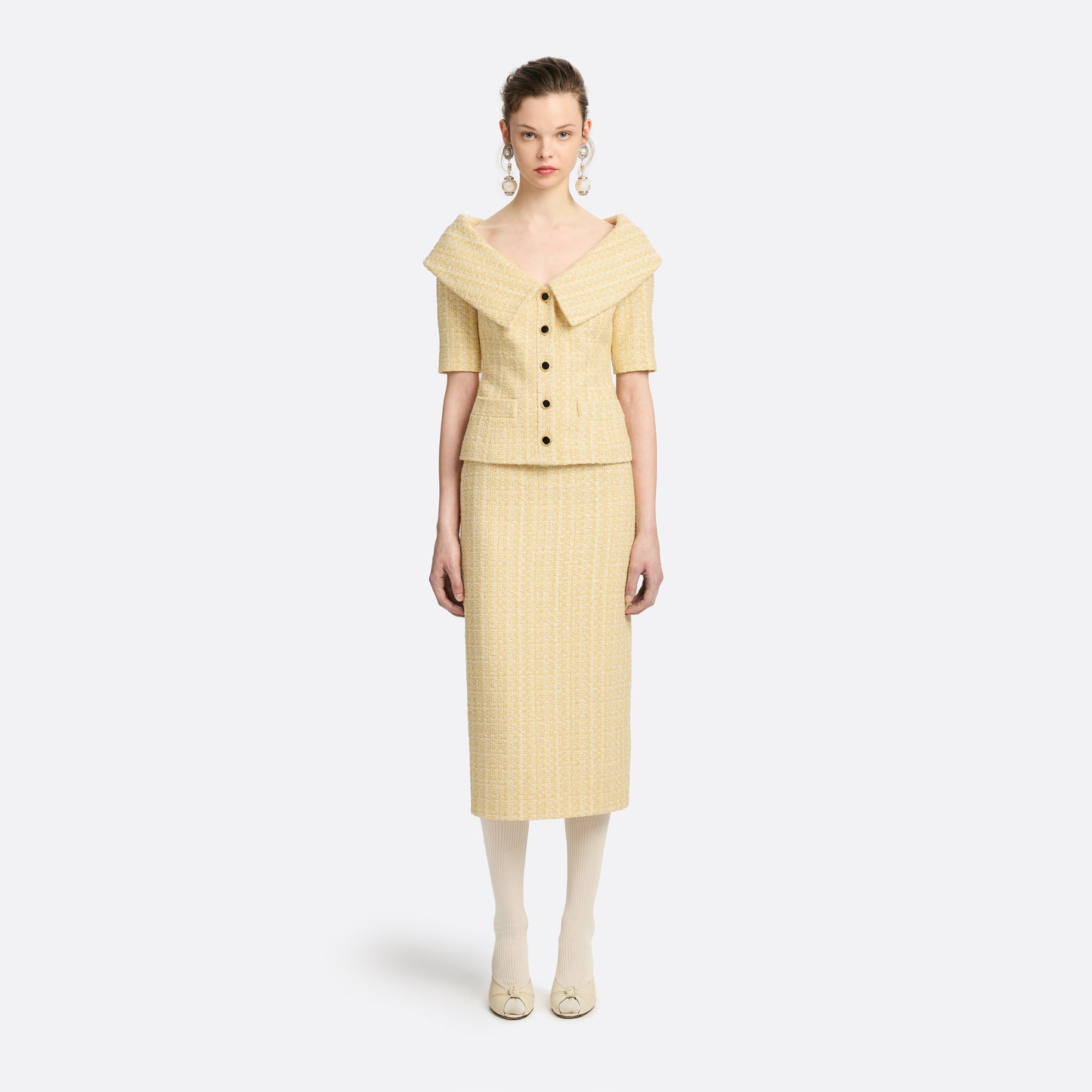 Pale yellow sequin tweed pencil skirt with a back split.