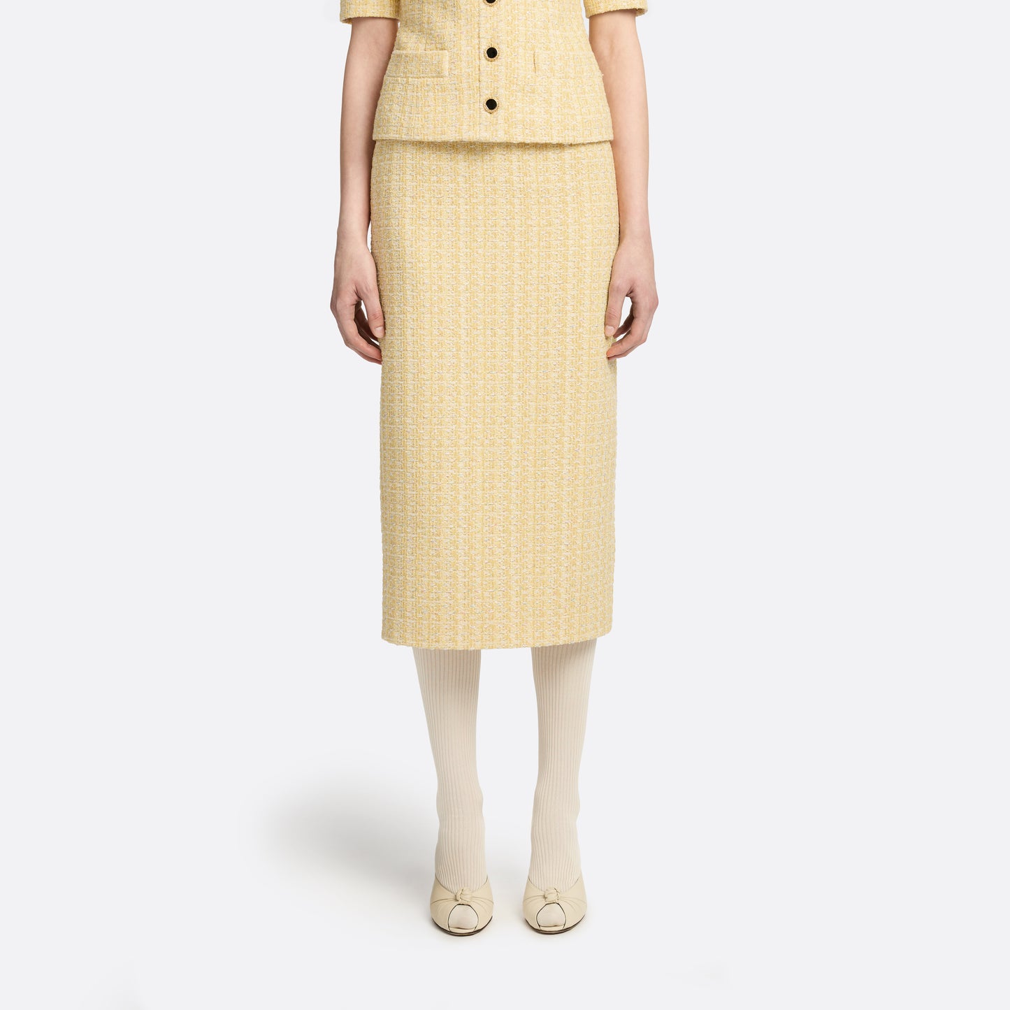 Pale yellow sequin tweed pencil skirt with a back split.