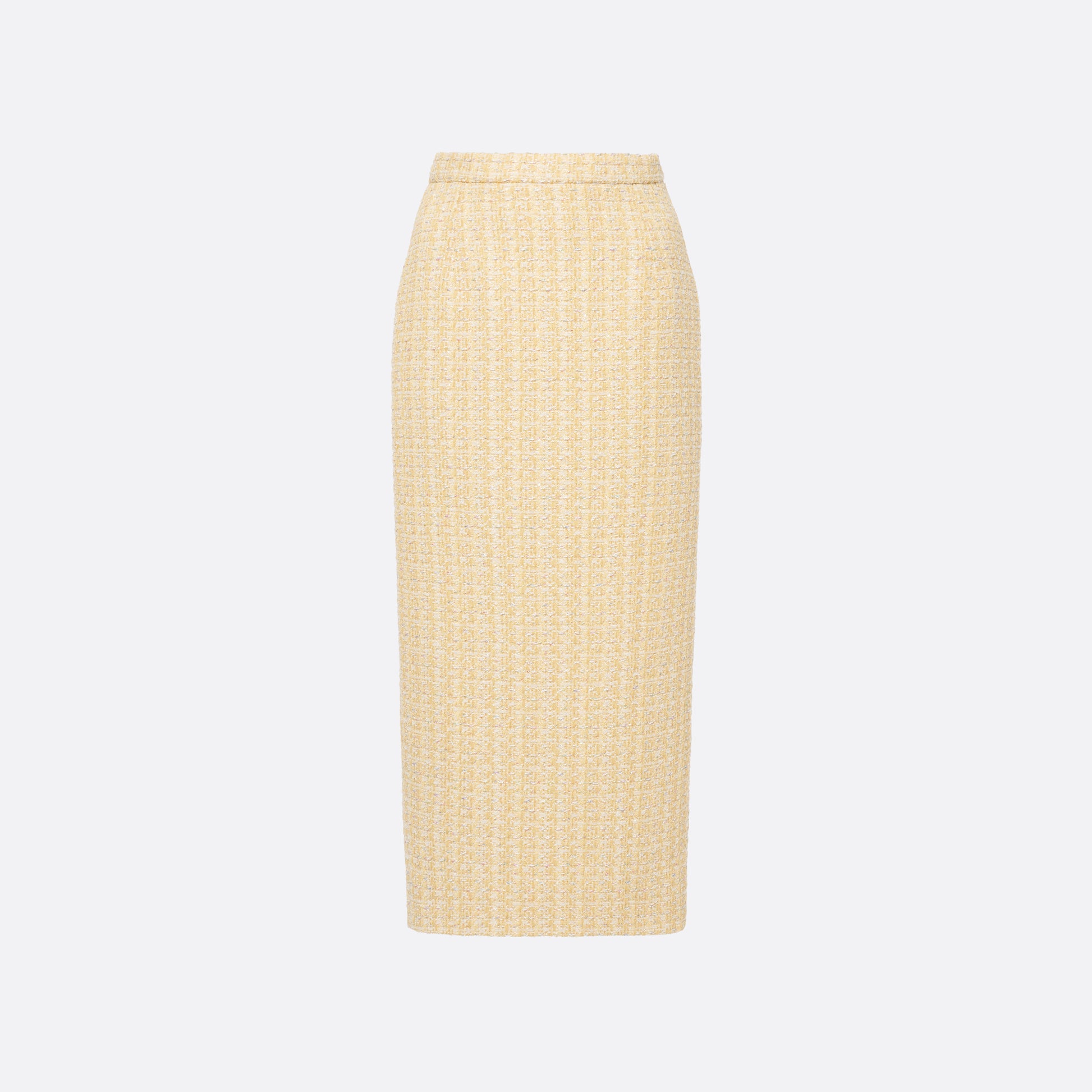 Pale yellow sequin tweed pencil skirt with a back split.