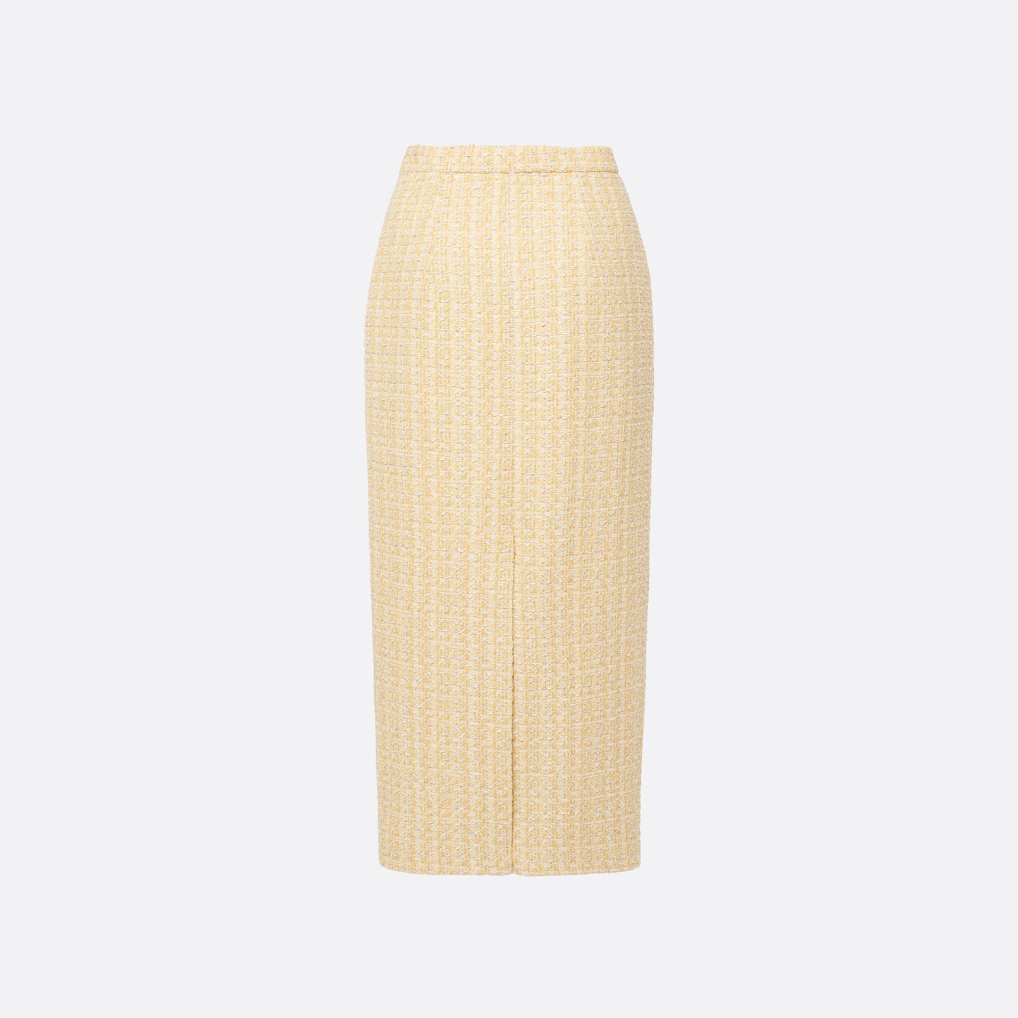 Pale yellow sequin tweed pencil skirt with a back split.