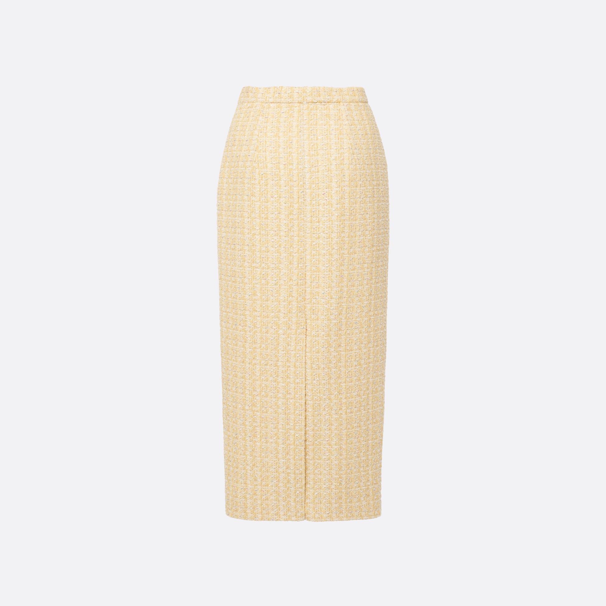 Pale yellow sequin tweed pencil skirt with a back split.