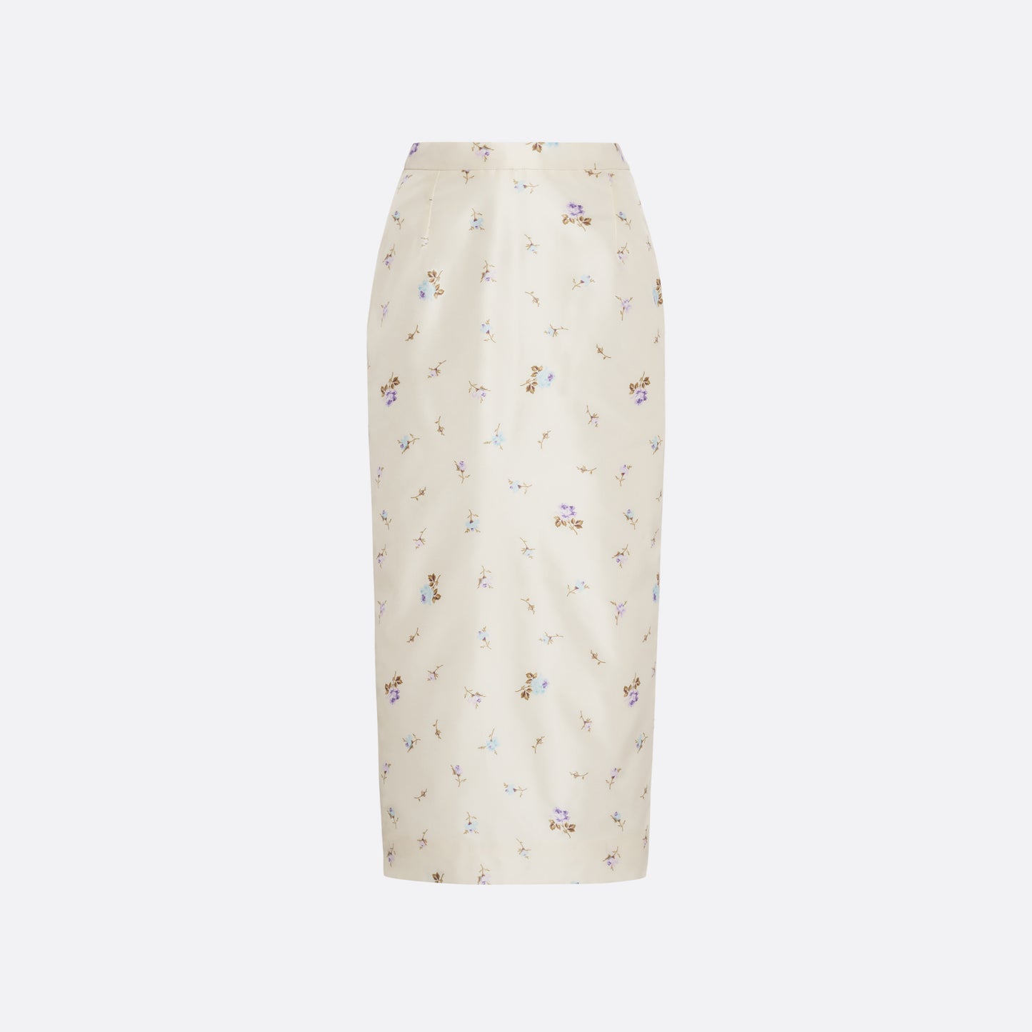 Floral-print white silk taffeta pencil skirt with a back split.

Look 4 – Fall Winter 2026 Lookbook.