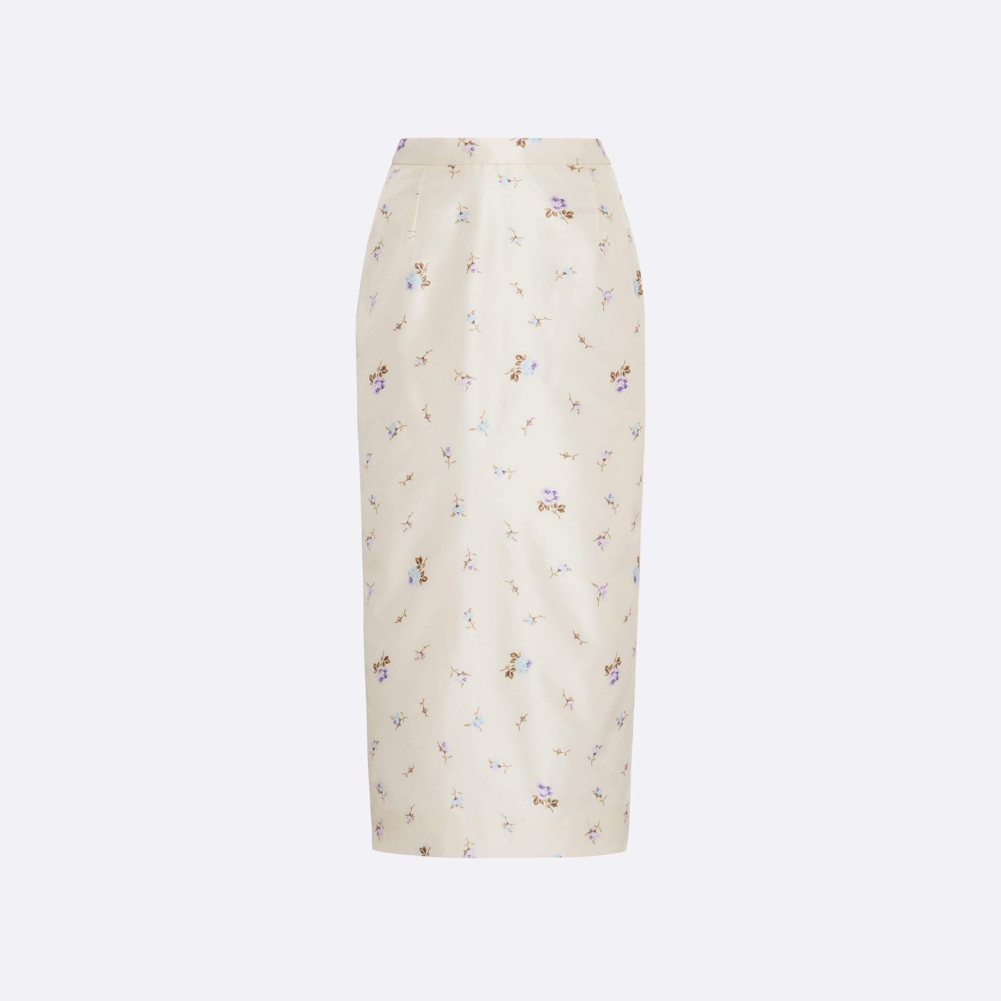 Floral-print white silk taffeta pencil skirt with a back split.

Look 4 – Fall Winter 2026 Lookbook.