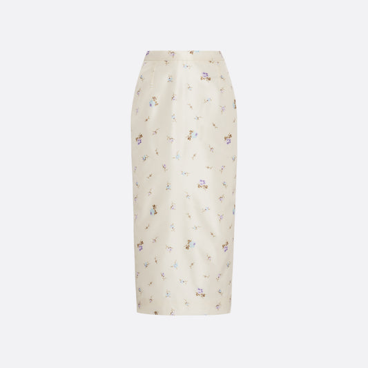 Floral-print white silk taffeta pencil skirt with a back split.

Look 4 – Fall Winter 2026 Lookbook.
