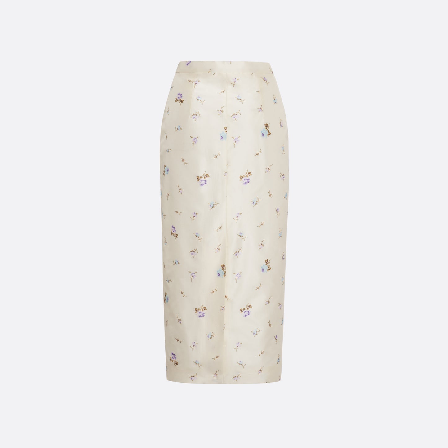 Floral-print white silk taffeta pencil skirt with a back split.

Look 4 – Fall Winter 2026 Lookbook.