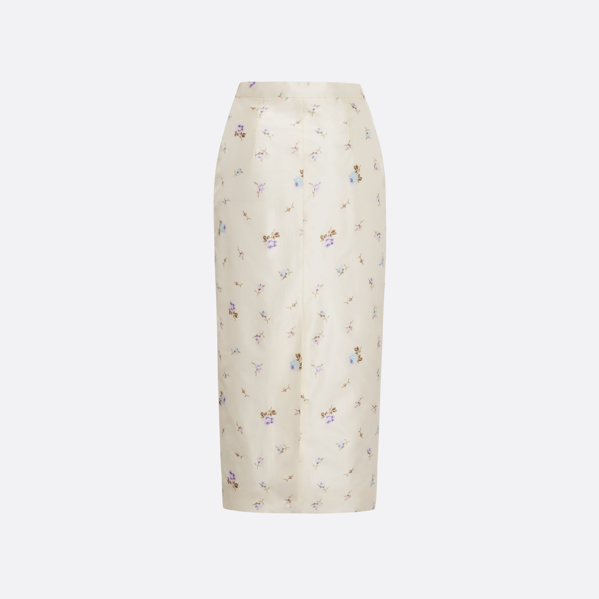Floral-print white silk taffeta pencil skirt with a back split.

Look 4 – Fall Winter 2026 Lookbook.